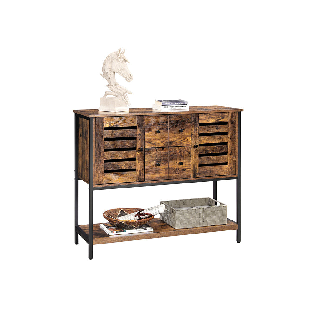 Storage Cabinet – Engineered Wood – Rustic Brown and Black – 2 Drawers, 2 Cupboards, Open Shelf, Industrial Style