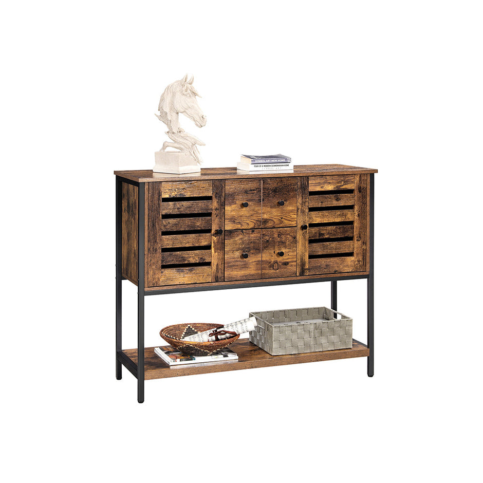 Storage Cabinet – Engineered Wood – Rustic Brown and Black – 2 Drawers, 2 Cupboards, Open Shelf, Industrial Style