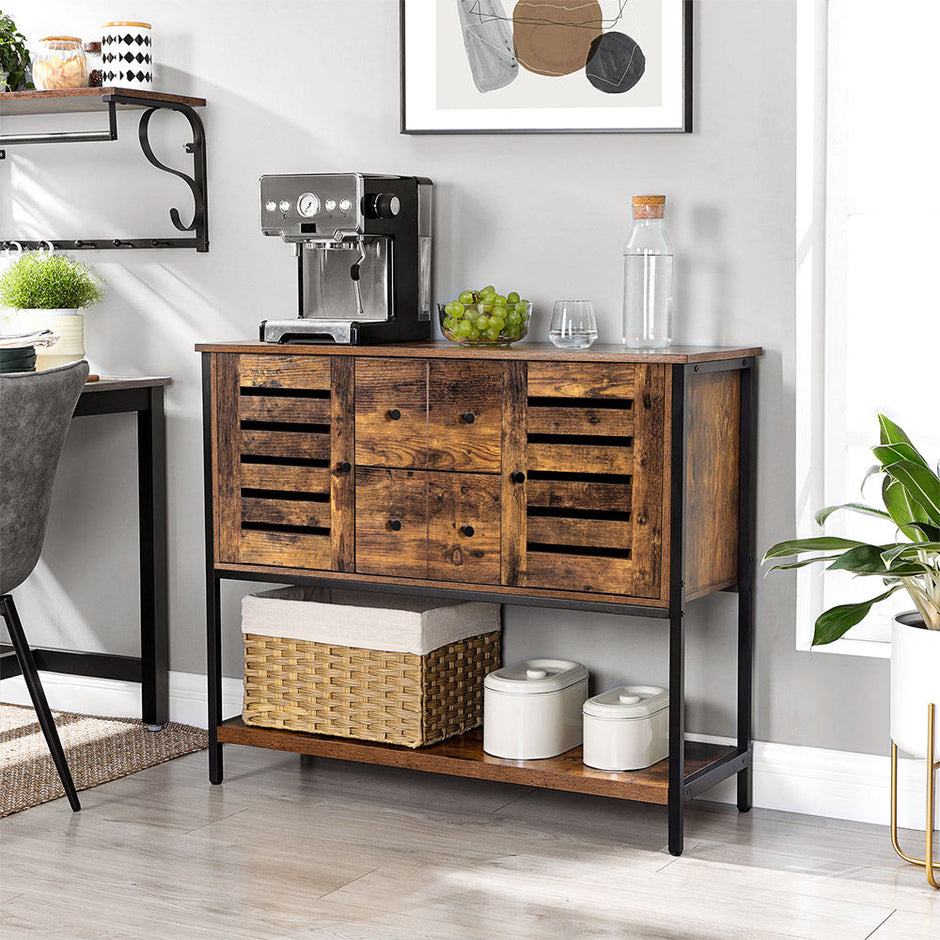 Storage Cabinet – Engineered Wood – Rustic Brown and Black – 2 Drawers, 2 Cupboards, Open Shelf, Industrial Style
