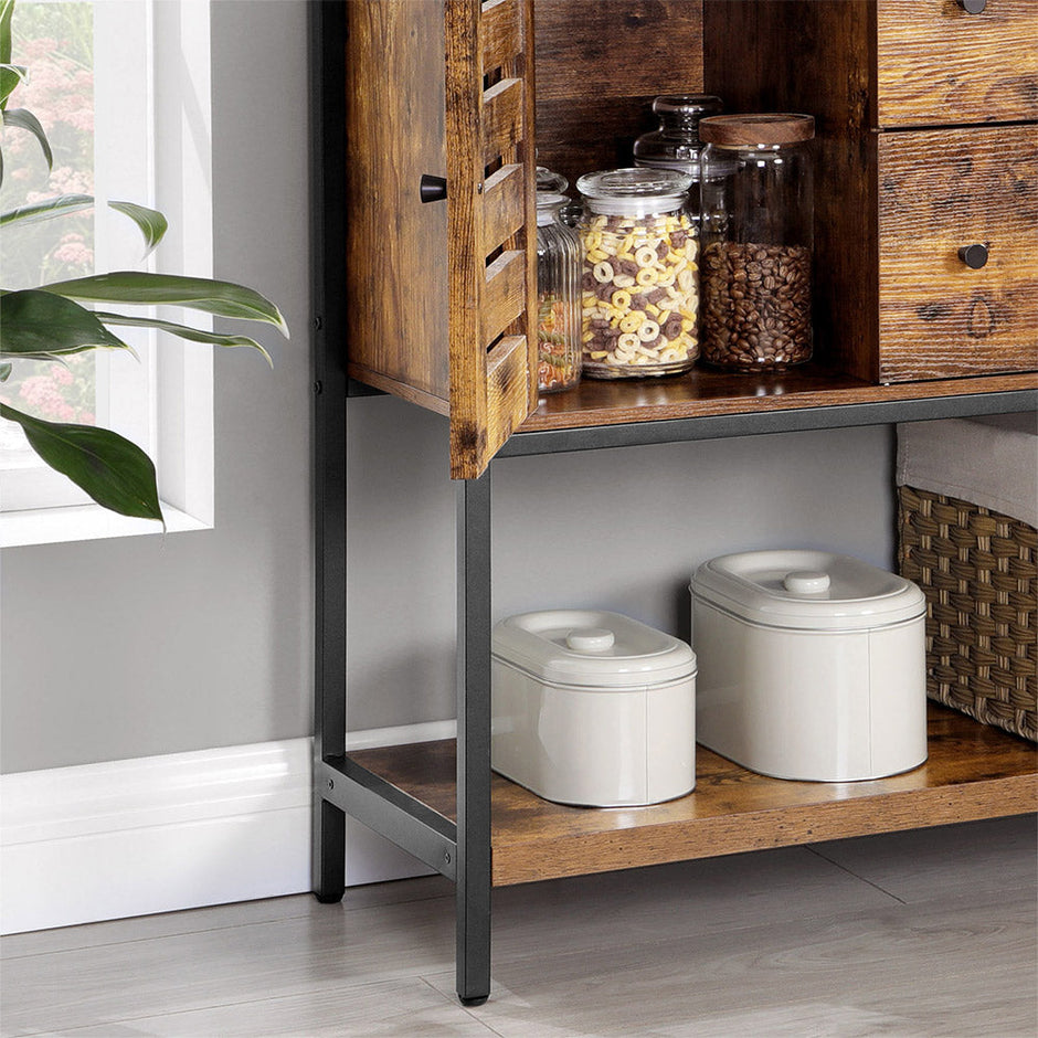 Storage Cabinet – Engineered Wood – Rustic Brown and Black – 2 Drawers, 2 Cupboards, Open Shelf, Industrial Style
