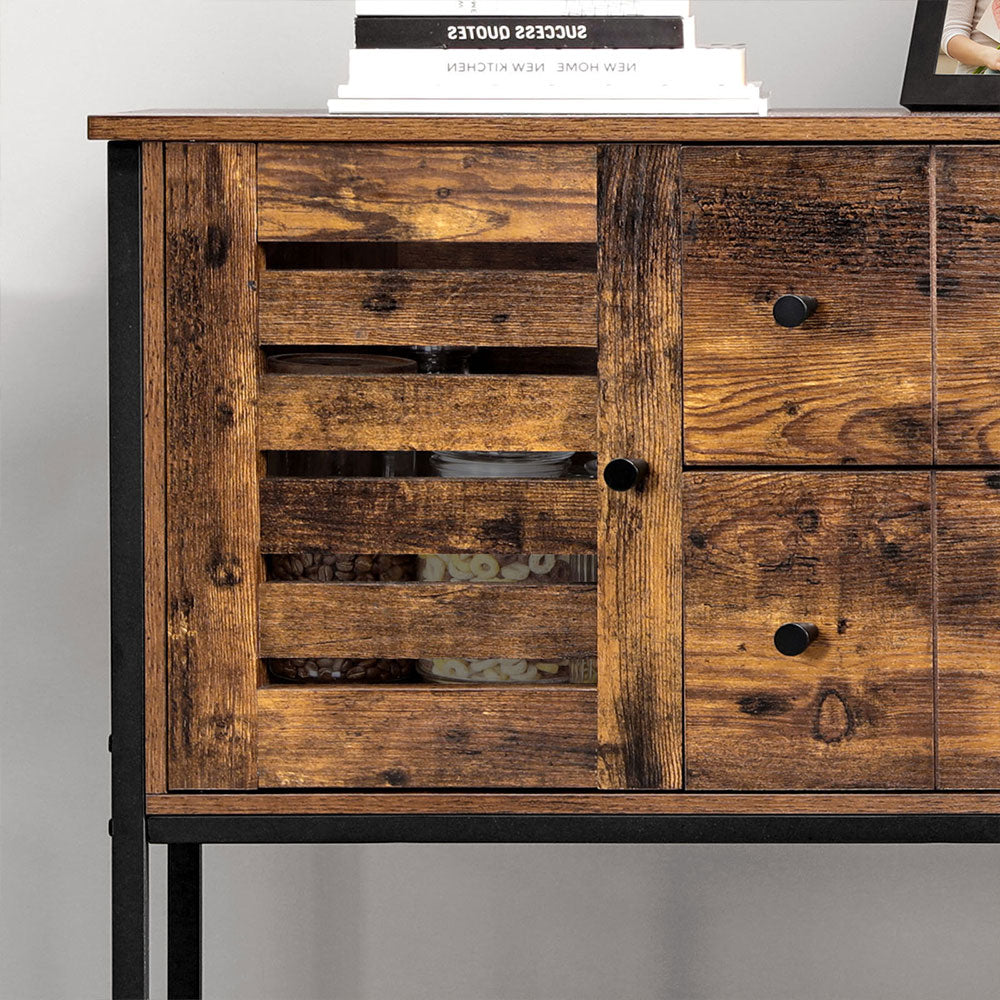 Storage Cabinet – Engineered Wood – Rustic Brown and Black – 2 Drawers, 2 Cupboards, Open Shelf, Industrial Style
