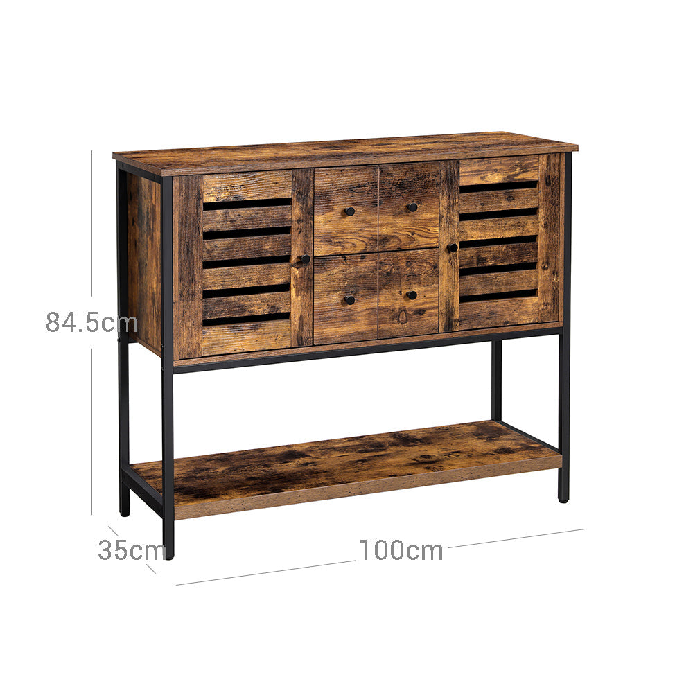 Storage Cabinet – Engineered Wood – Rustic Brown and Black – 2 Drawers, 2 Cupboards, Open Shelf, Industrial Style