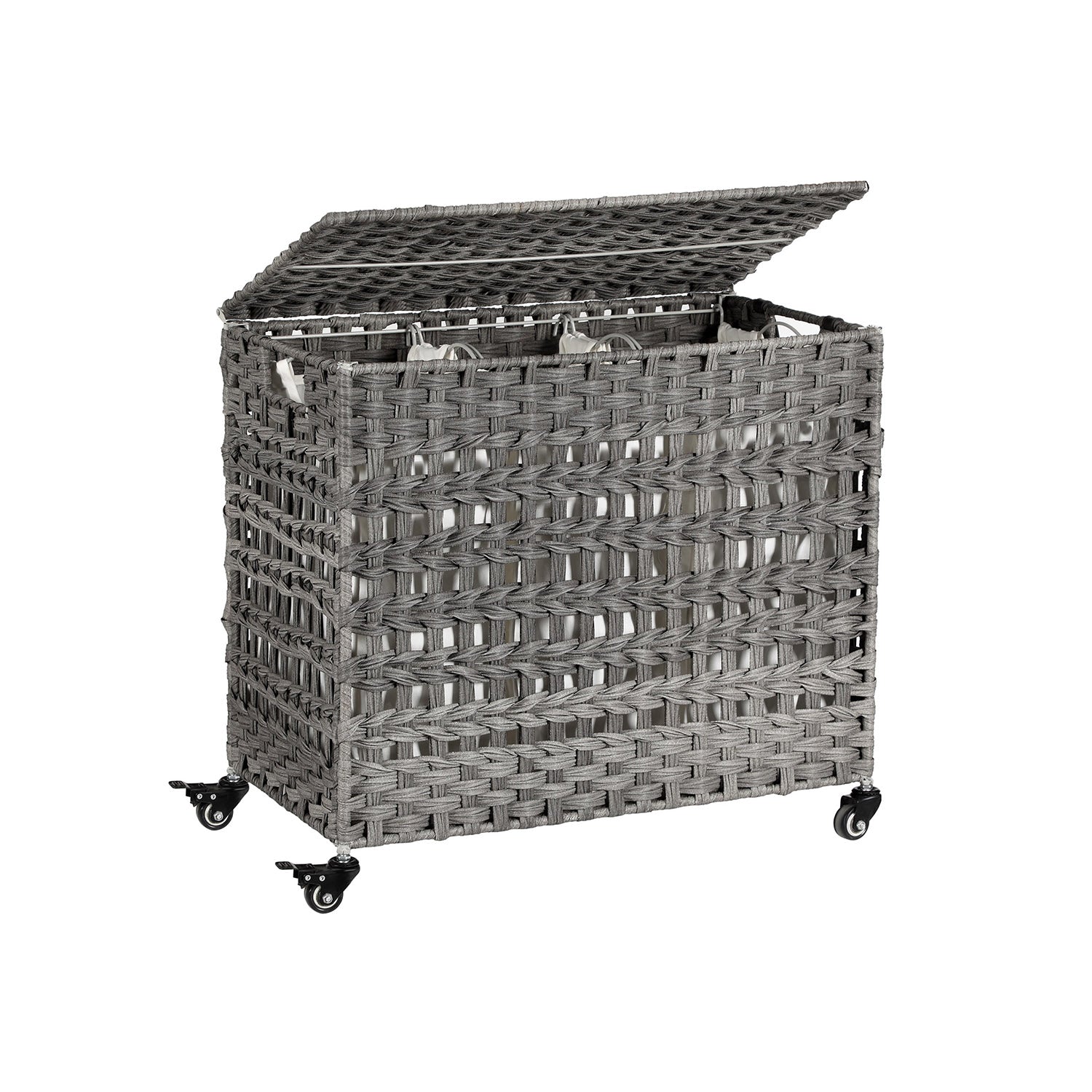 Handwoven Laundry Basket – Rattan – Grey – Features 3 Separate Compartments with Lid and Removable Liner Bags