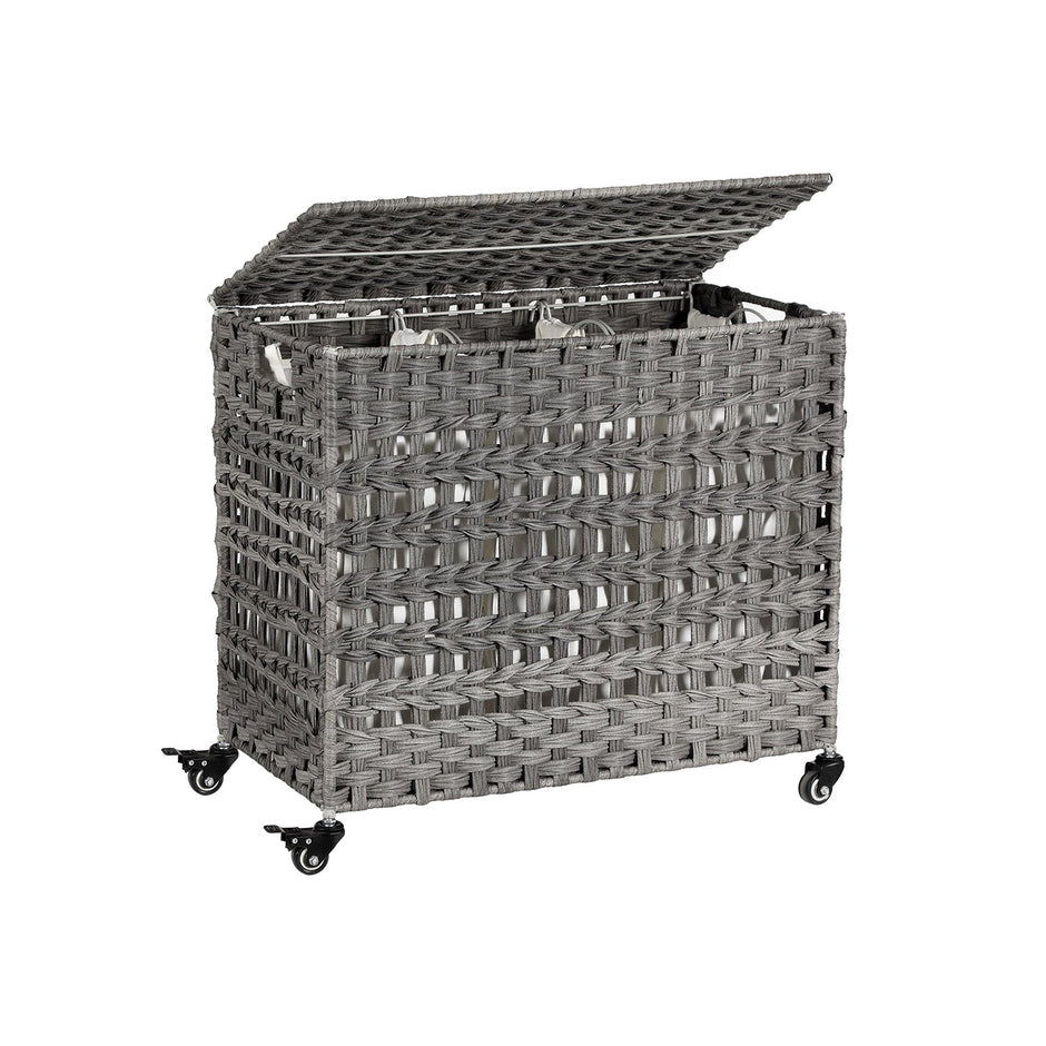 Handwoven Laundry Basket – Rattan – Grey – Features 3 Separate Compartments with Lid and Removable Liner Bags