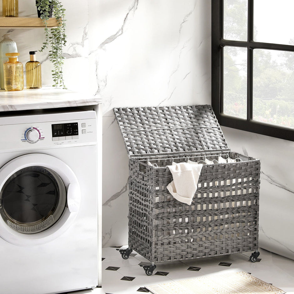 Handwoven Laundry Basket – Rattan – Grey – Features 3 Separate Compartments with Lid and Removable Liner Bags