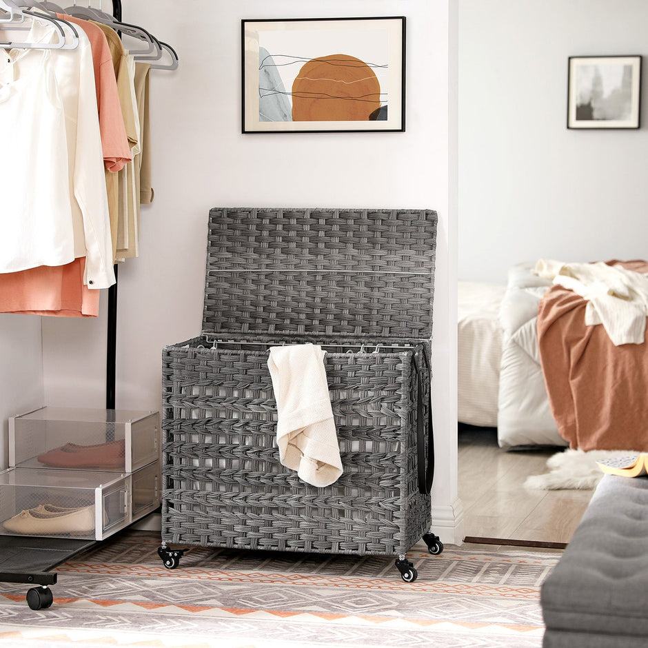 Handwoven Laundry Basket – Rattan – Grey – Features 3 Separate Compartments with Lid and Removable Liner Bags