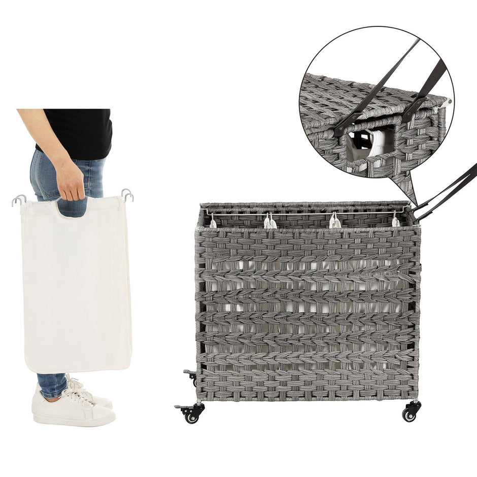Handwoven Laundry Basket – Rattan – Grey – Features 3 Separate Compartments with Lid and Removable Liner Bags