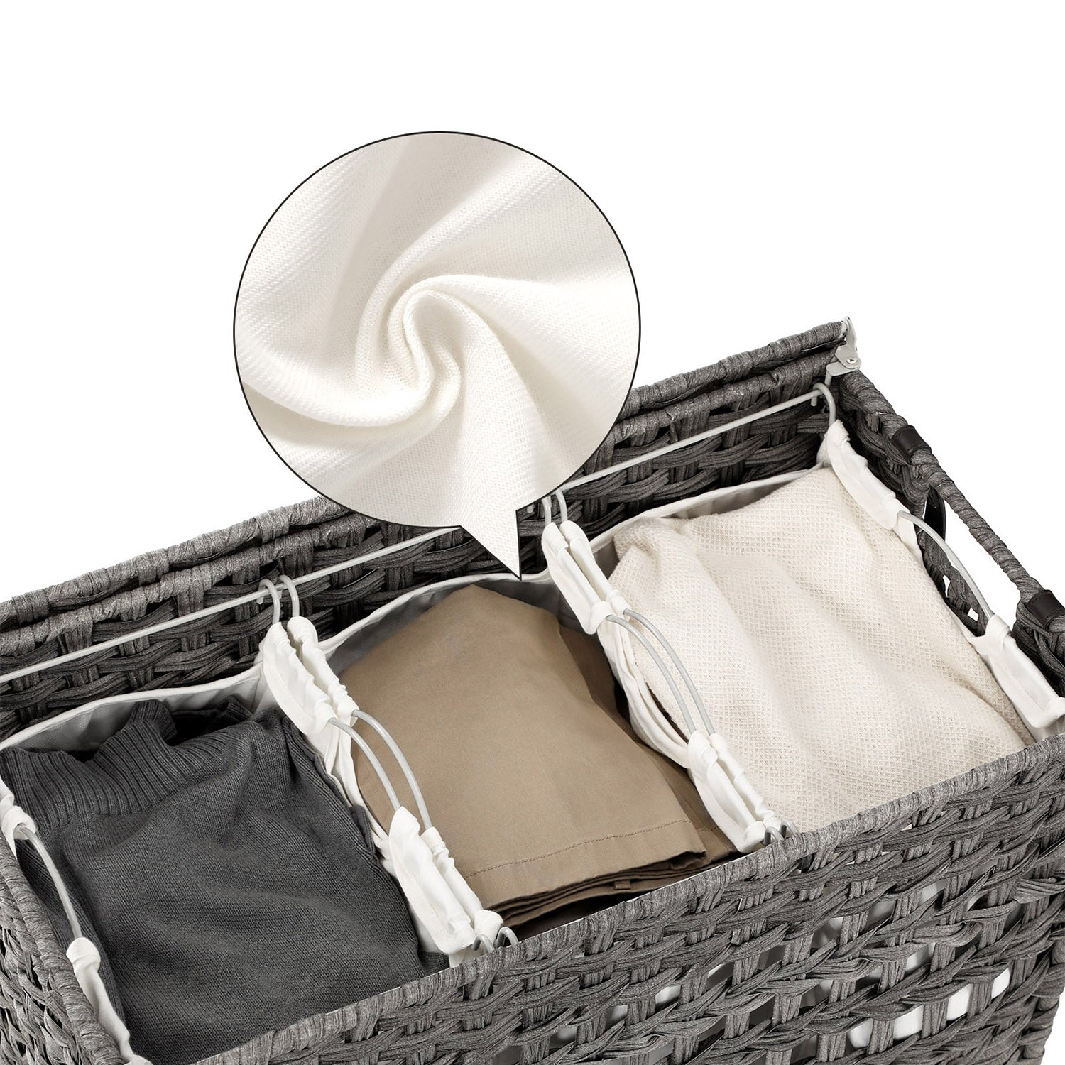 Handwoven Laundry Basket – Rattan – Grey – Features 3 Separate Compartments with Lid and Removable Liner Bags