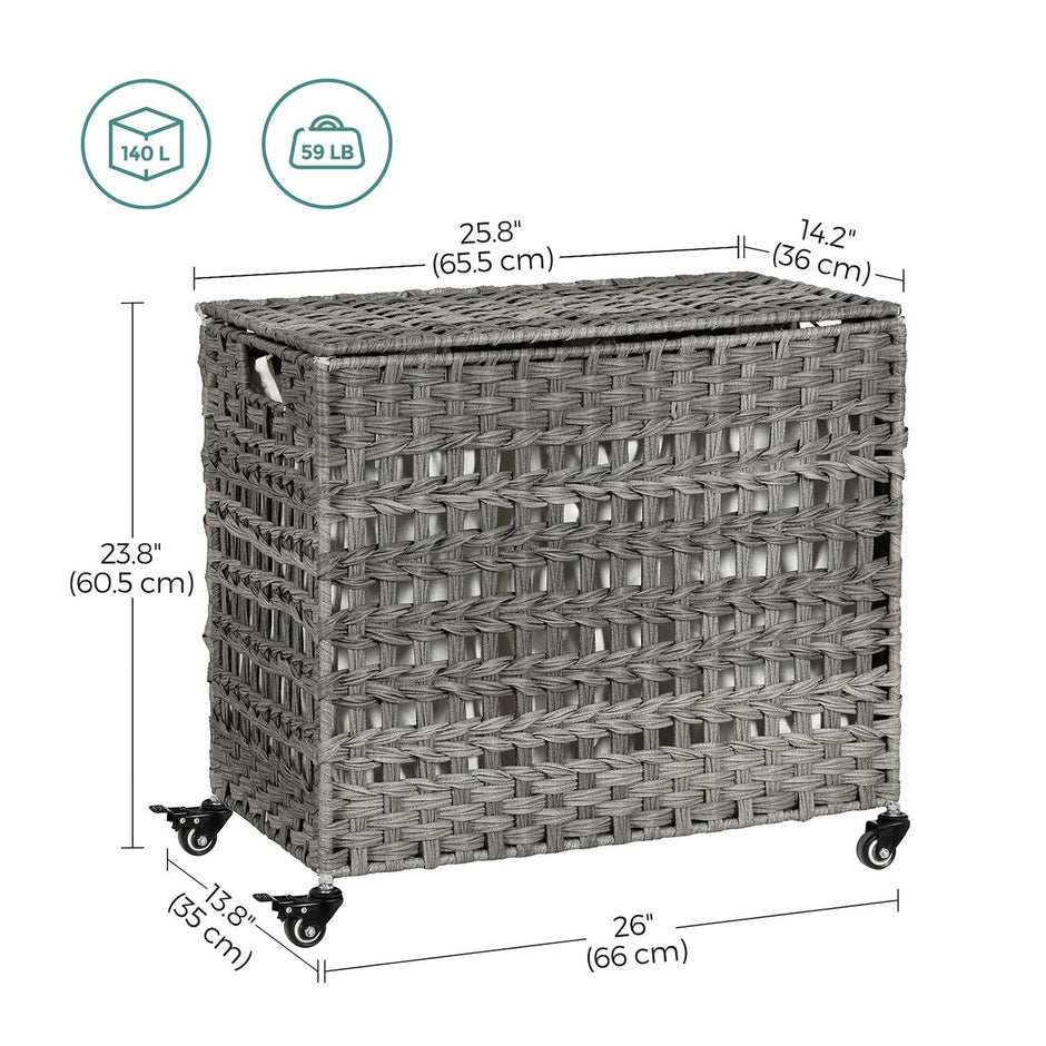 Handwoven Laundry Basket – Rattan – Grey – Features 3 Separate Compartments with Lid and Removable Liner Bags