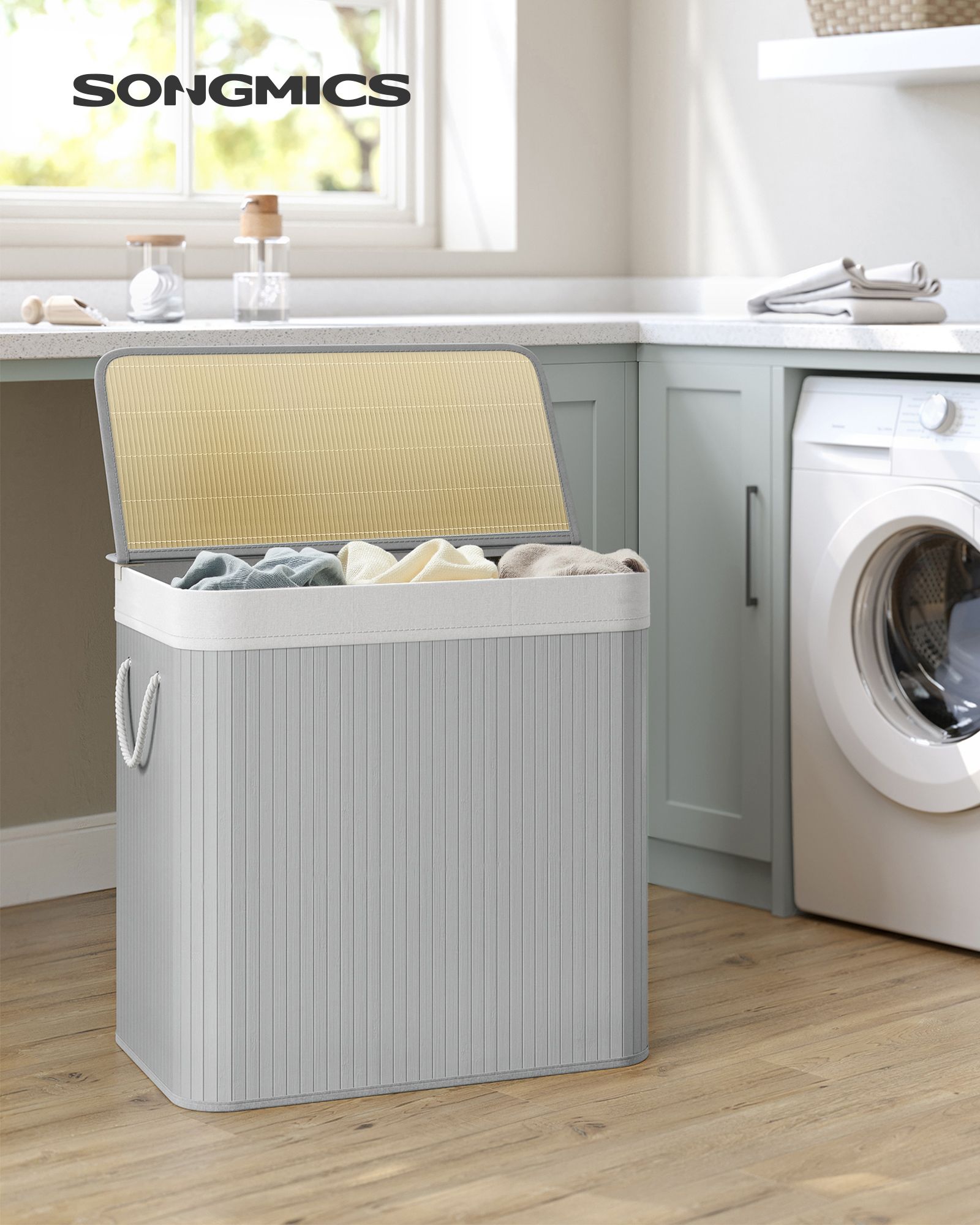 Laundry Hamper – Fabric – Natural – 3 Sections with Clip-on Lid and Handles, 150L Foldable