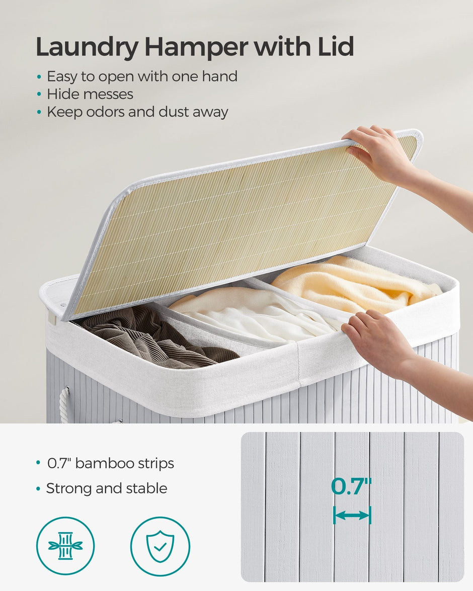 Laundry Hamper – Fabric – Natural – 3 Sections with Clip-on Lid and Handles, 150L Foldable