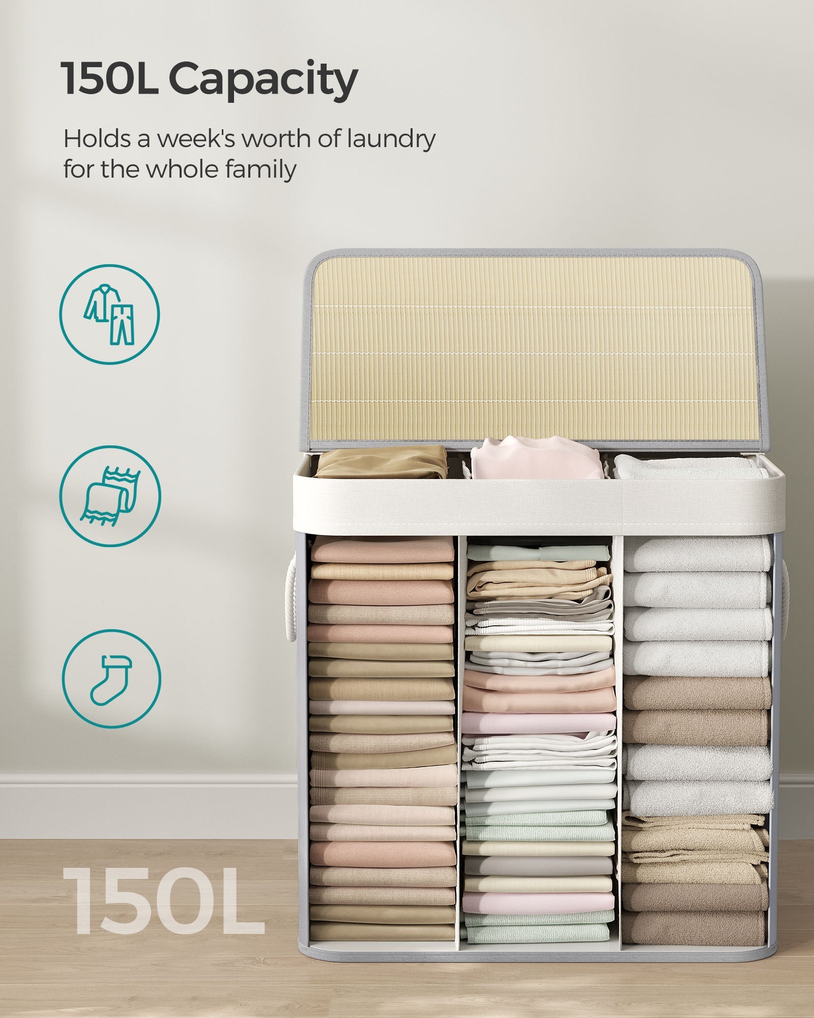 Laundry Hamper – Fabric – Natural – 3 Sections with Clip-on Lid and Handles, 150L Foldable