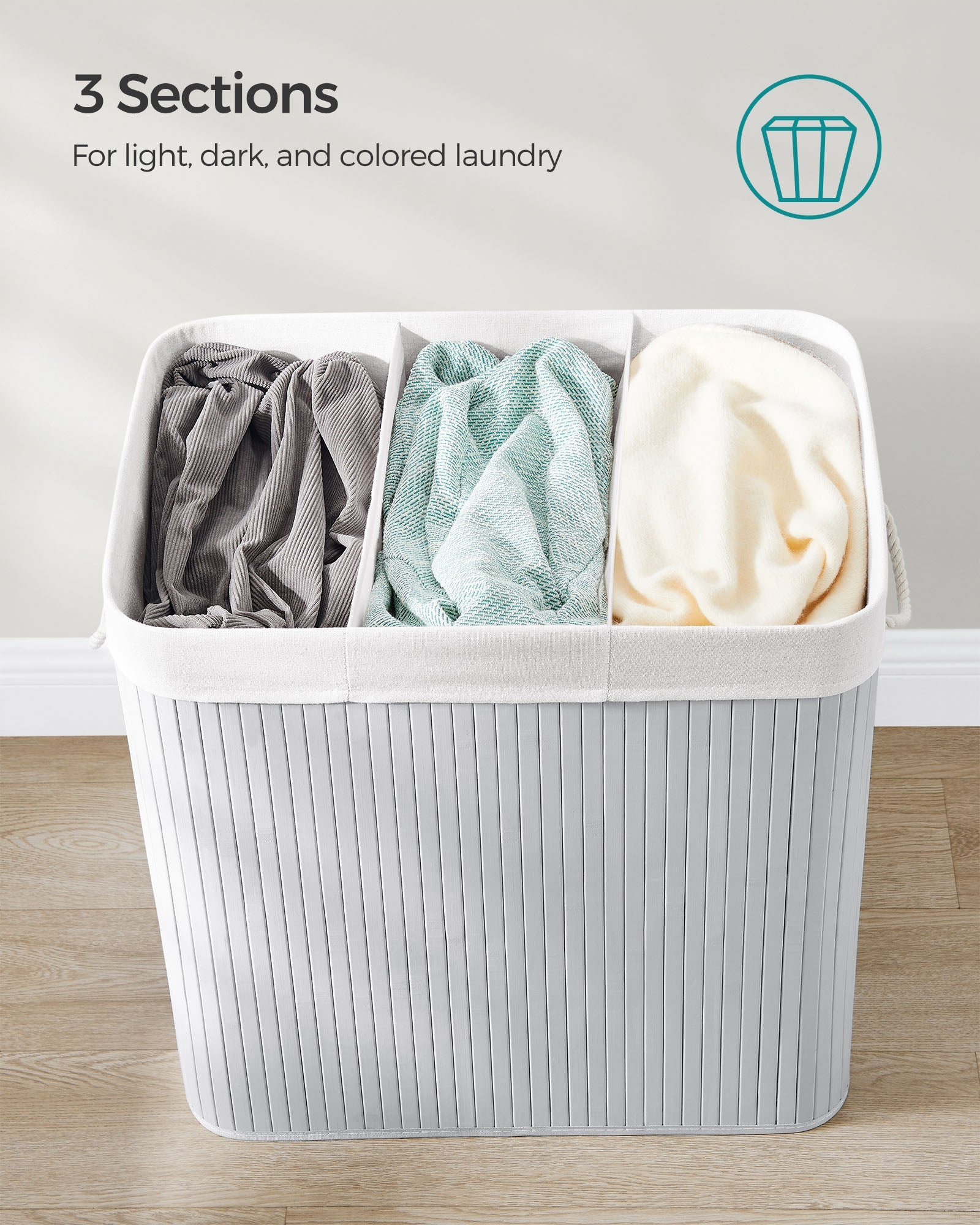 Laundry Hamper – Fabric – Natural – 3 Sections with Clip-on Lid and Handles, 150L Foldable