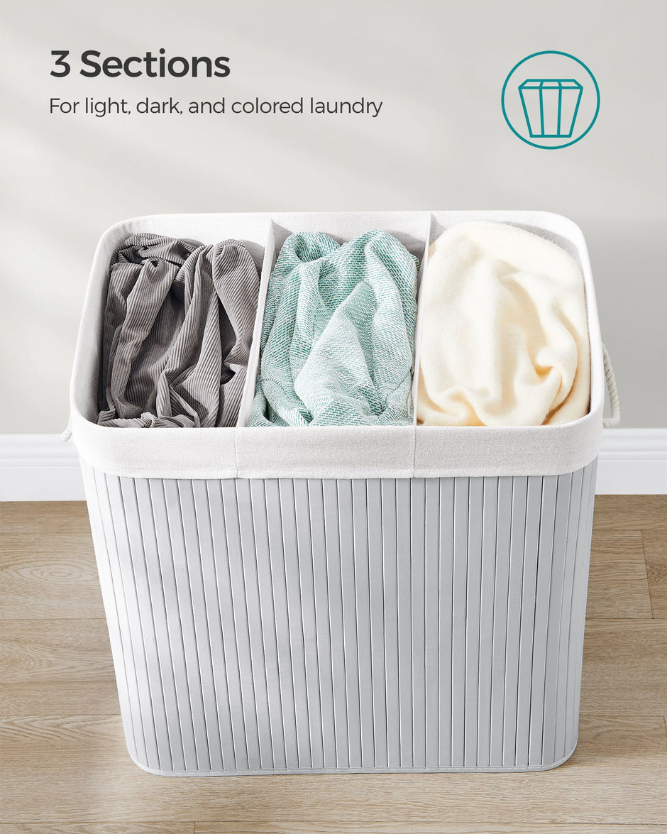 Laundry Hamper – Fabric – Natural – 3 Sections with Clip-on Lid and Handles, 150L Foldable