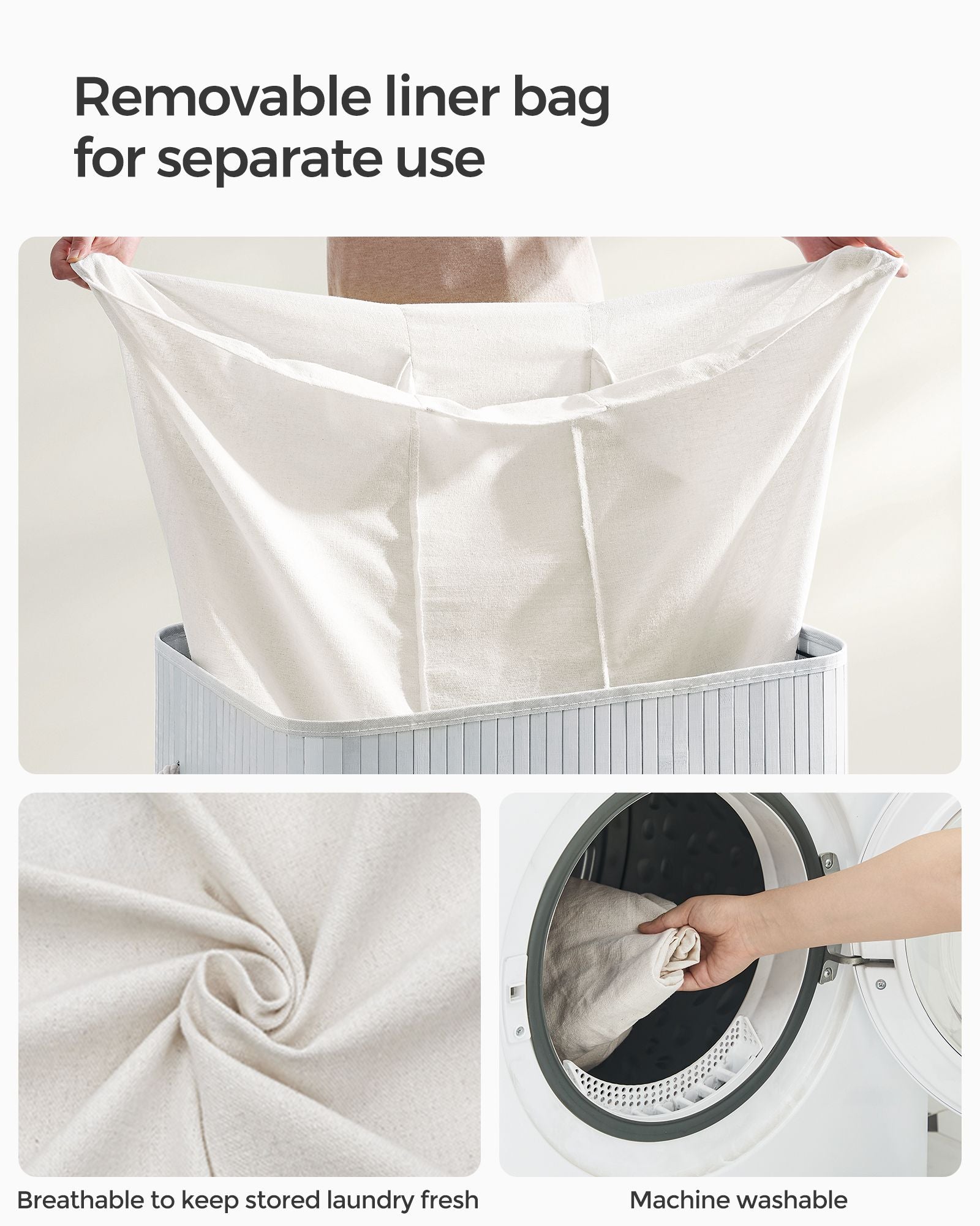 Laundry Hamper – Fabric – Natural – 3 Sections with Clip-on Lid and Handles, 150L Foldable