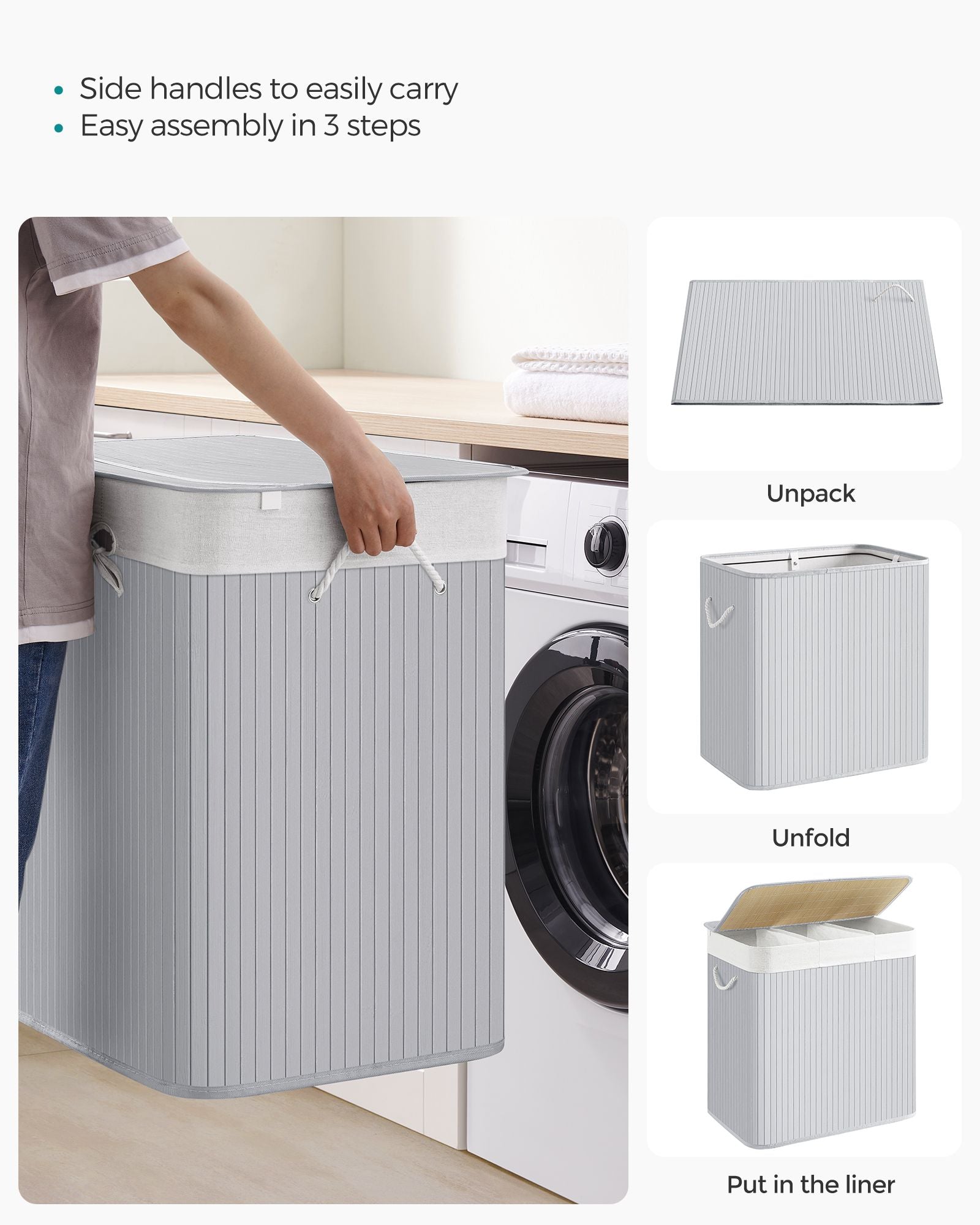 Laundry Hamper – Fabric – Natural – 3 Sections with Clip-on Lid and Handles, 150L Foldable