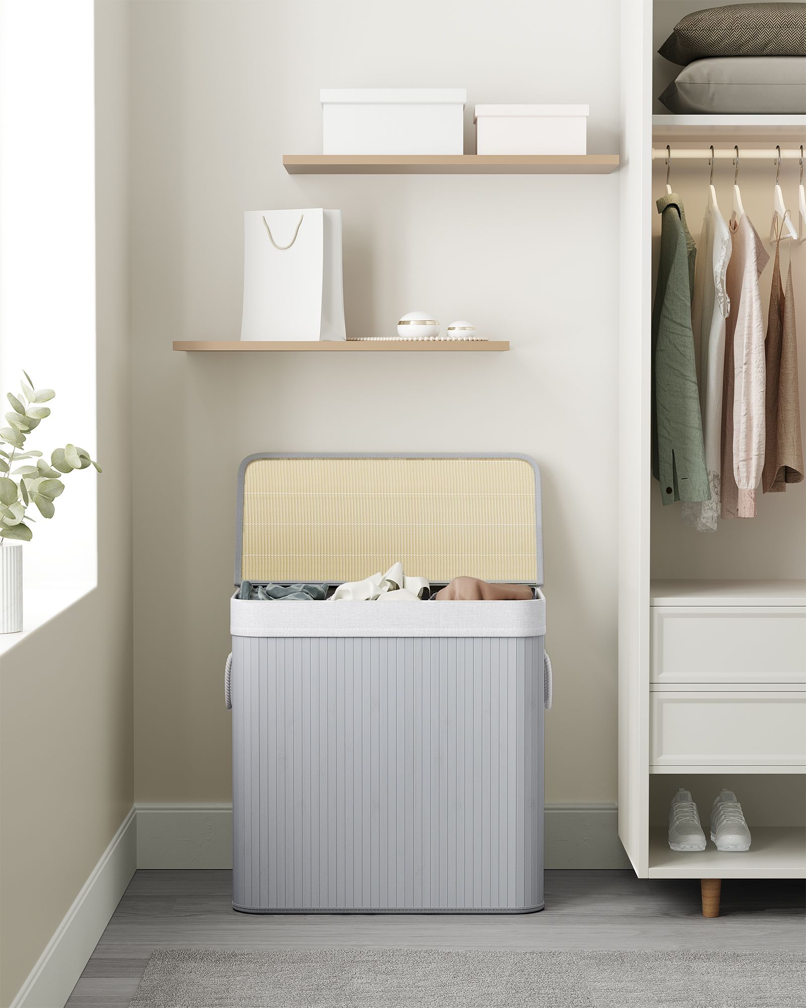 Laundry Hamper – Fabric – Natural – 3 Sections with Clip-on Lid and Handles, 150L Foldable