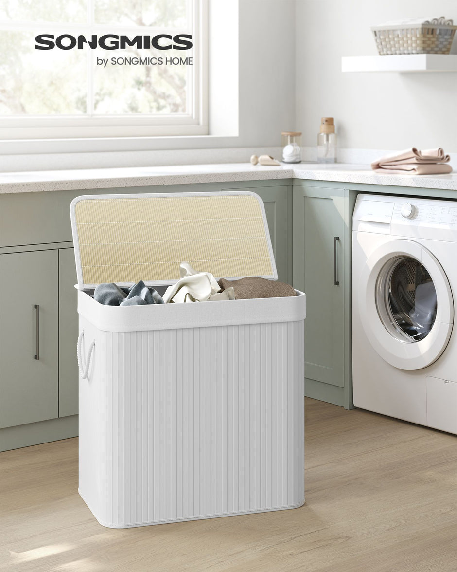 Laundry Hamper Basket – Fabric – Cloud White – 150L, Foldable with 3 Sections and Clip-on Lid