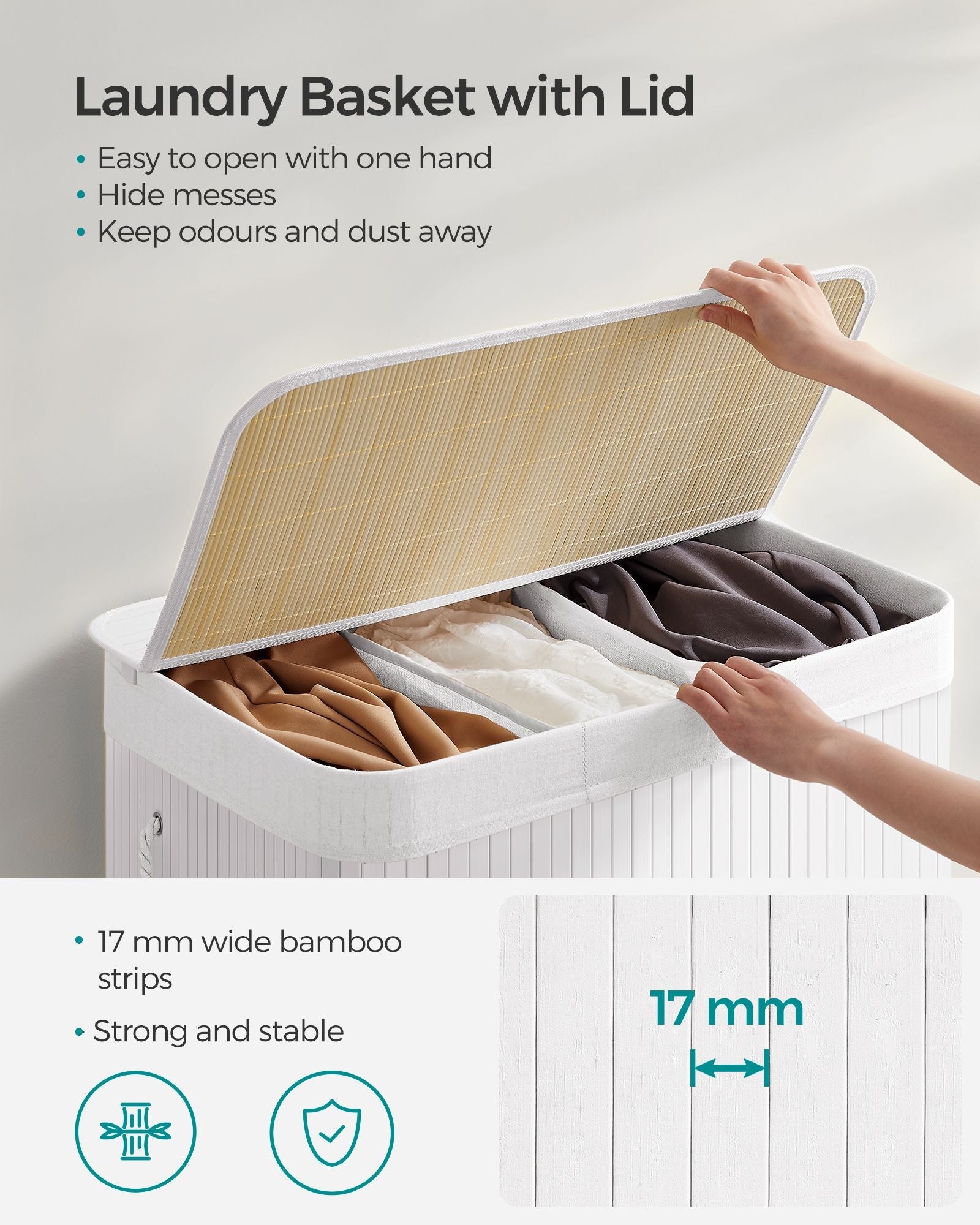 Laundry Hamper Basket – Fabric – Cloud White – 150L, Foldable with 3 Sections and Clip-on Lid
