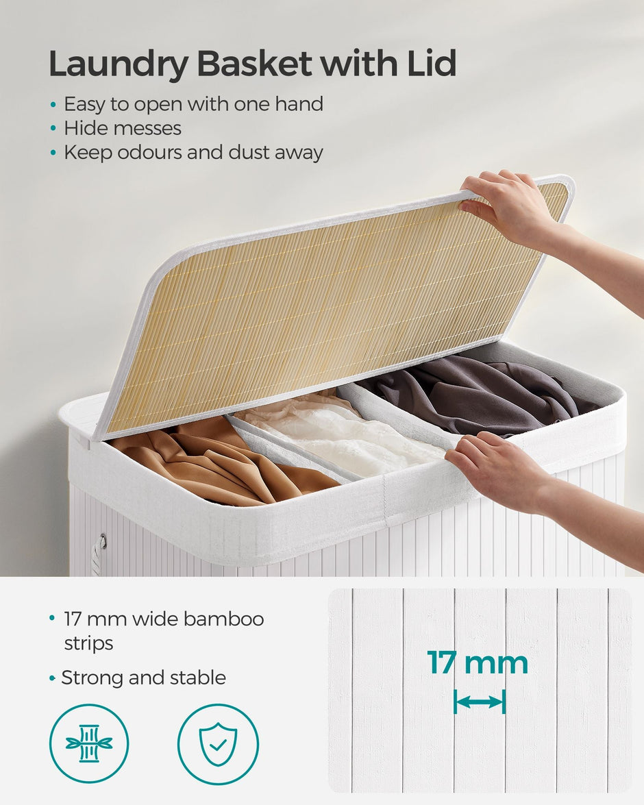 Laundry Hamper Basket – Fabric – Cloud White – 150L, Foldable with 3 Sections and Clip-on Lid