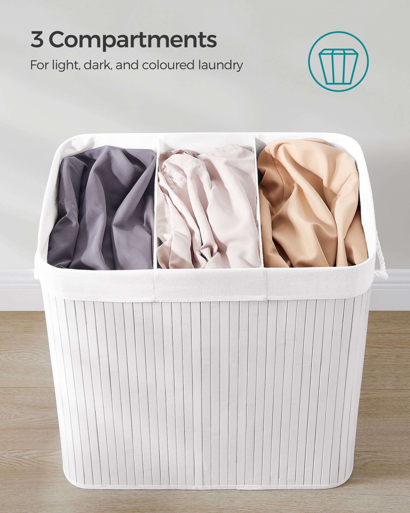 Laundry Hamper Basket – Fabric – Cloud White – 150L, Foldable with 3 Sections and Clip-on Lid