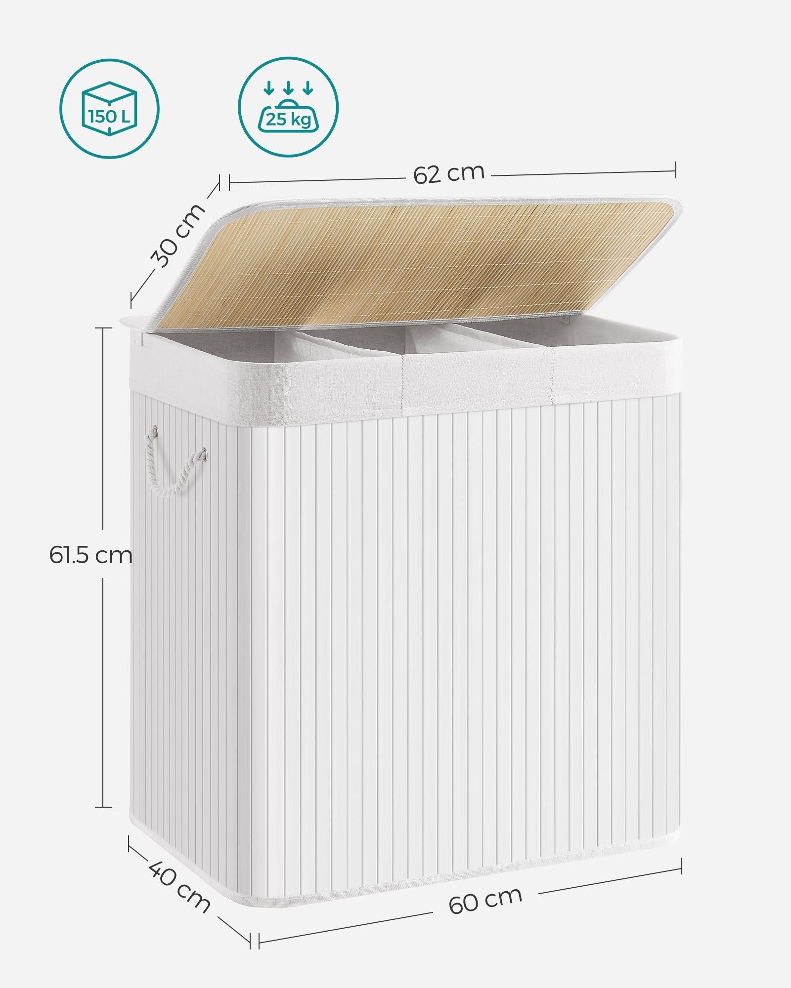 Laundry Hamper Basket – Fabric – Cloud White – 150L, Foldable with 3 Sections and Clip-on Lid