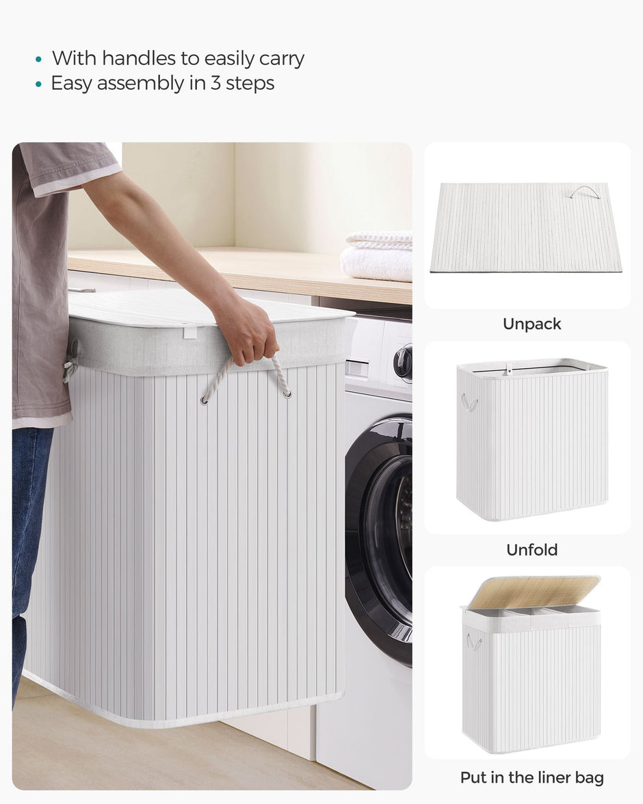 Laundry Hamper Basket – Fabric – Cloud White – 150L, Foldable with 3 Sections and Clip-on Lid