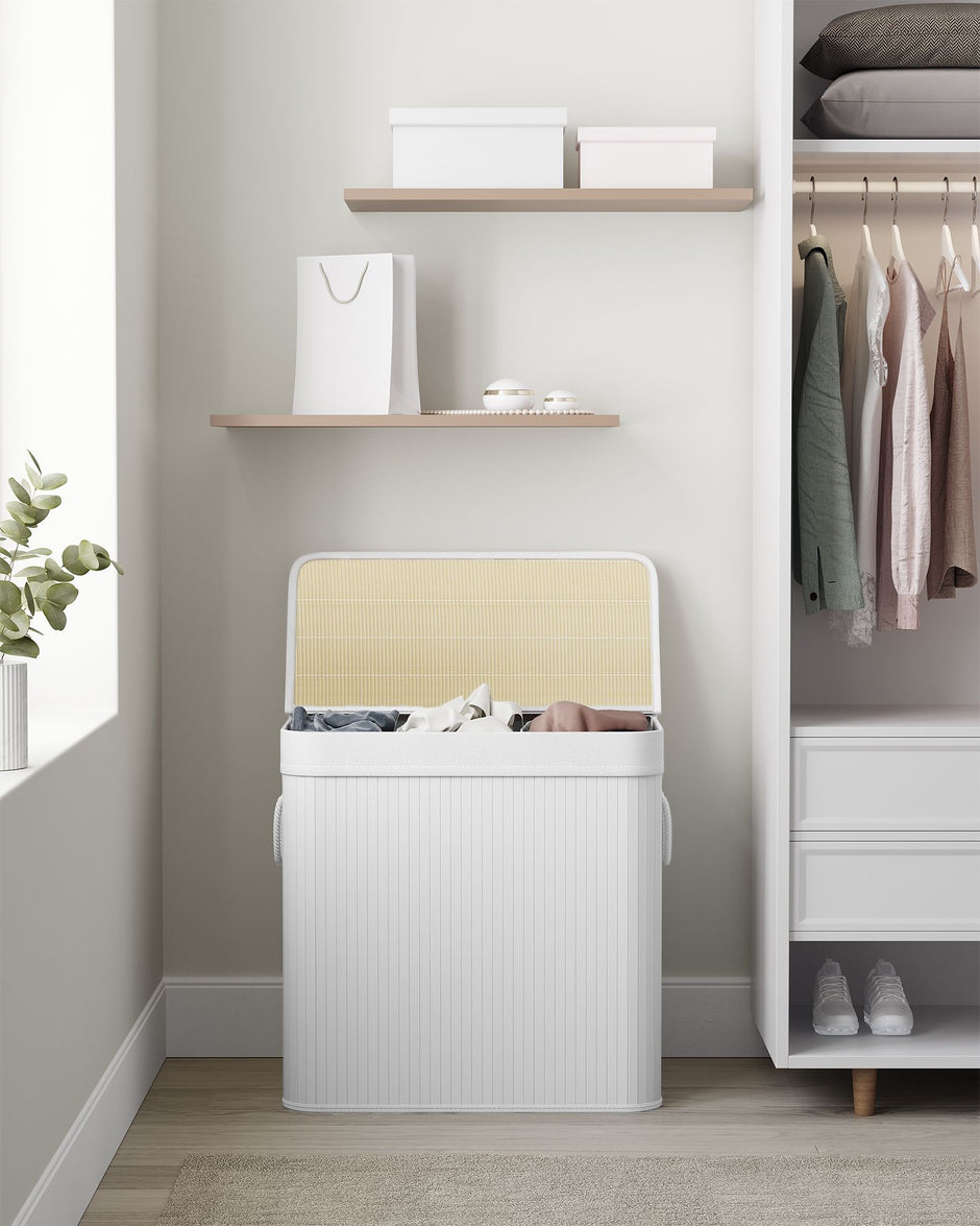 Laundry Hamper Basket – Fabric – Cloud White – 150L, Foldable with 3 Sections and Clip-on Lid