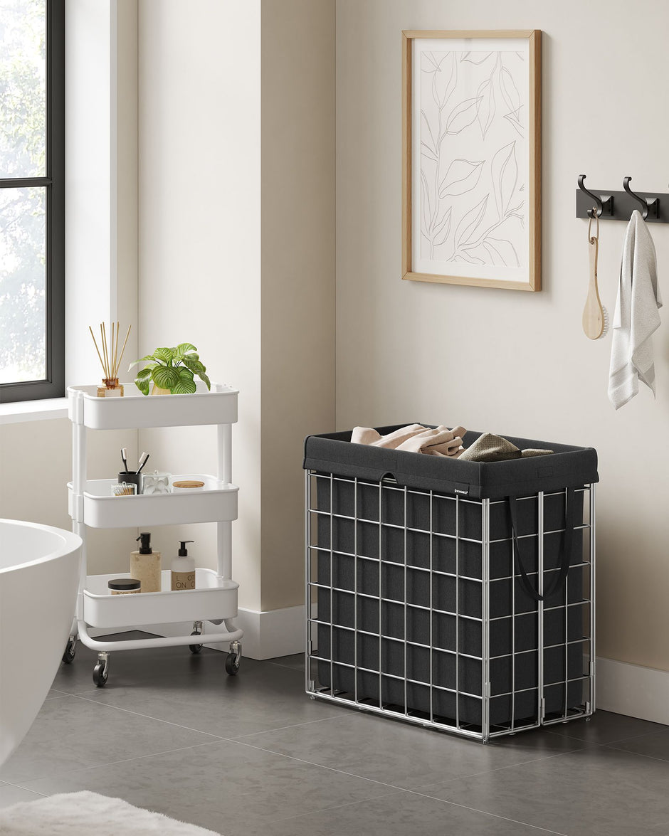 Laundry Basket – Metal Wire Frame – Silver and Classic Black – Collapsible with Removable and Washable Liner
