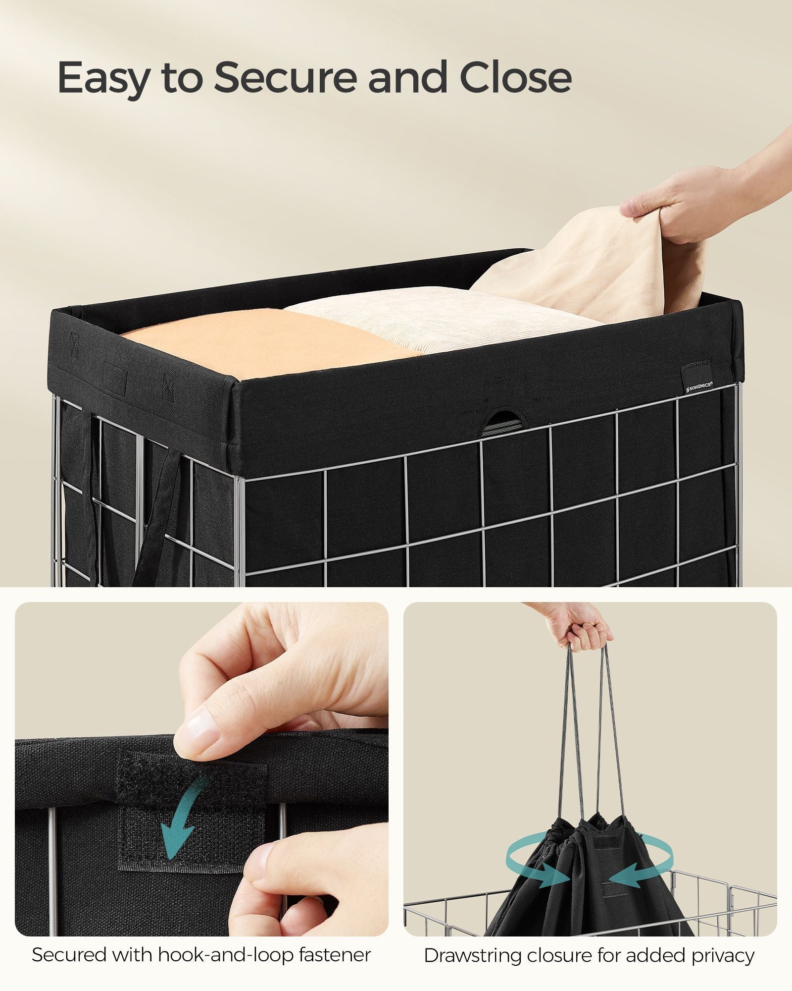 Laundry Basket – Metal Wire Frame – Silver and Classic Black – Collapsible with Removable and Washable Liner