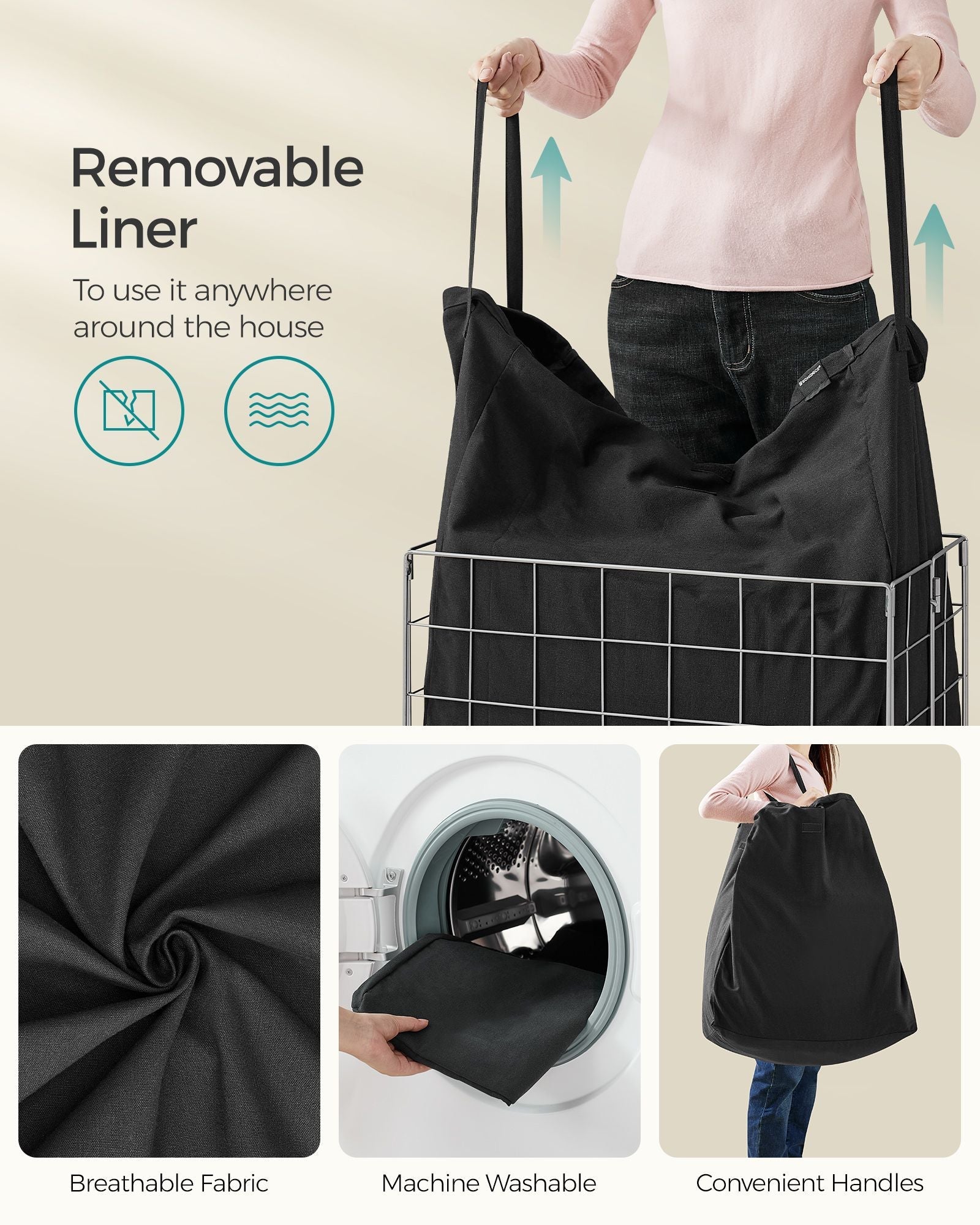Laundry Basket – Metal Wire Frame – Silver and Classic Black – Collapsible with Removable and Washable Liner
