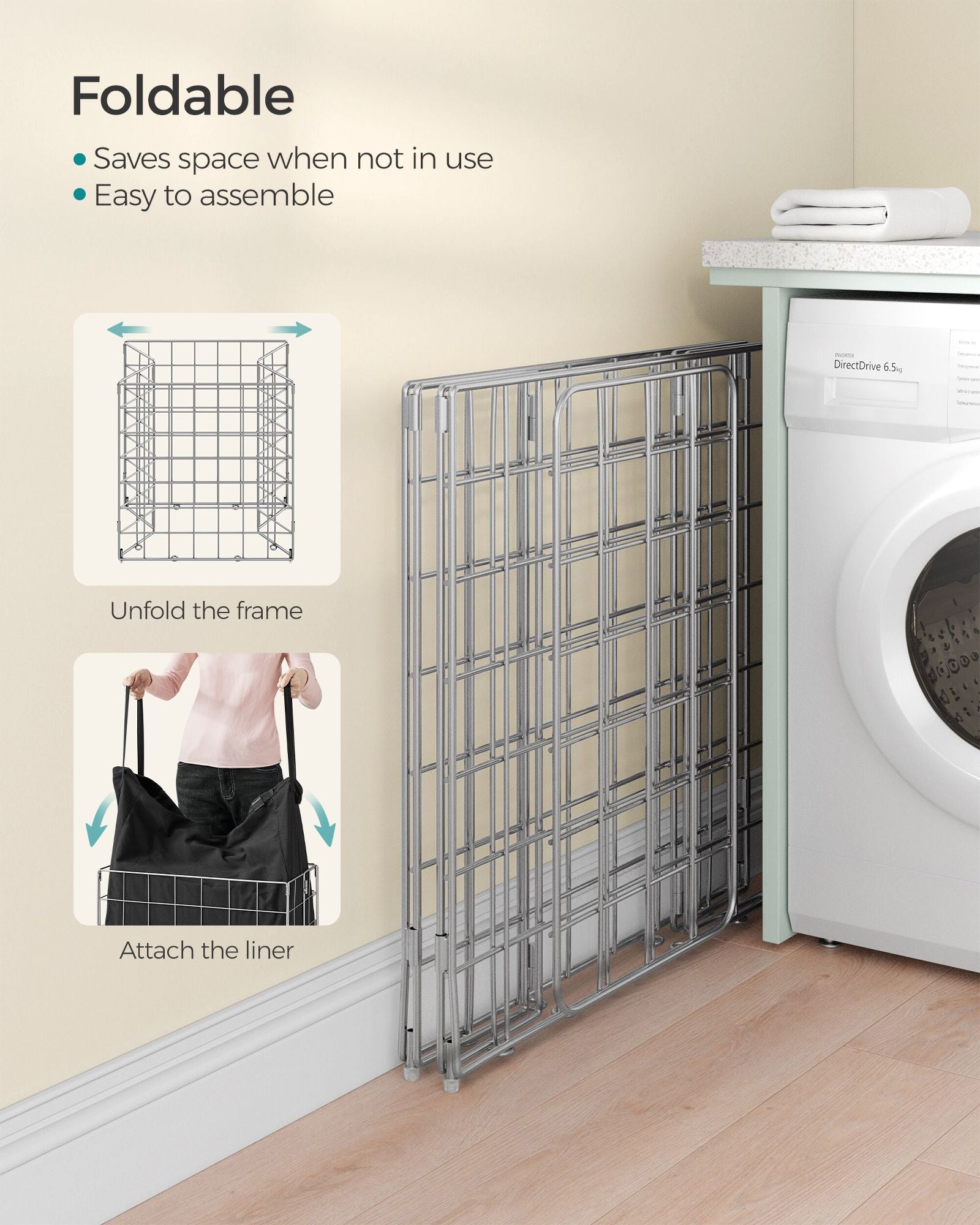 Laundry Basket – Metal Wire Frame – Silver and Classic Black – Collapsible with Removable and Washable Liner