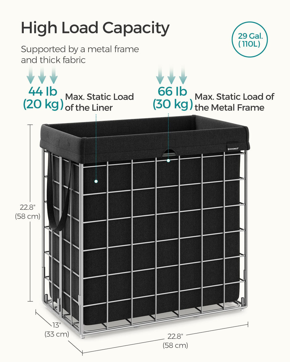Laundry Basket – Metal Wire Frame – Silver and Classic Black – Collapsible with Removable and Washable Liner