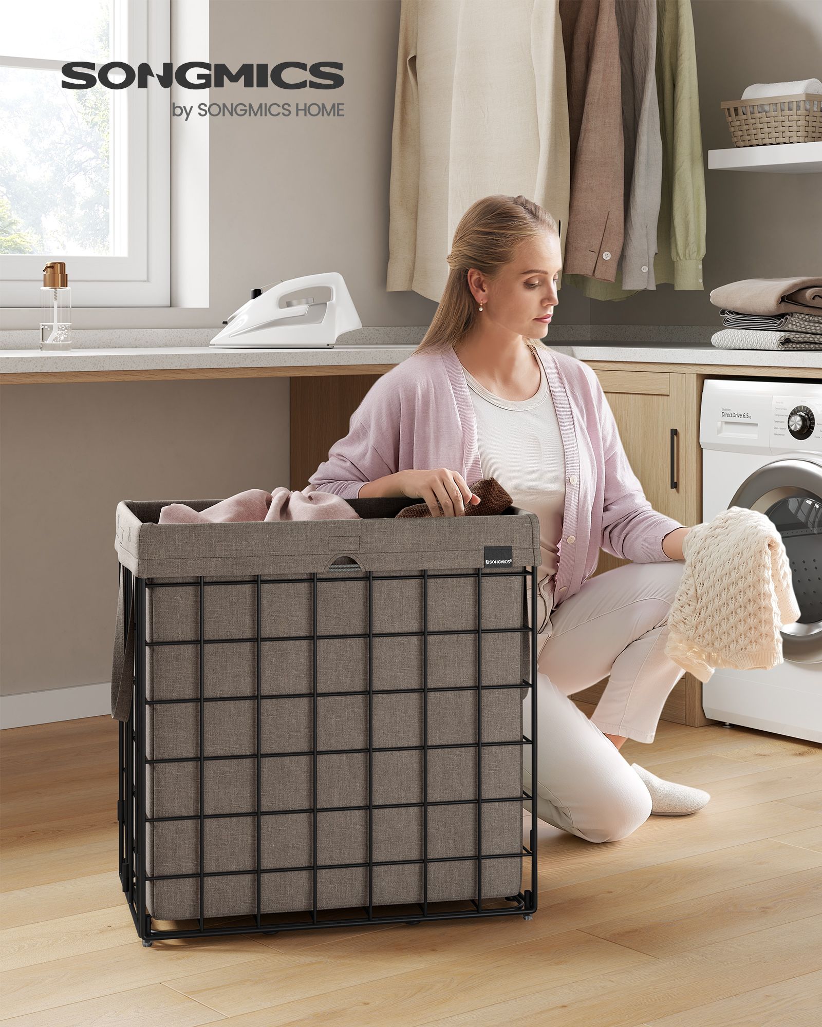 Laundry Basket – Metal Wire Frame – Black and Camel Brown – Collapsible, Removable and Washable Liner, 110L Capacity