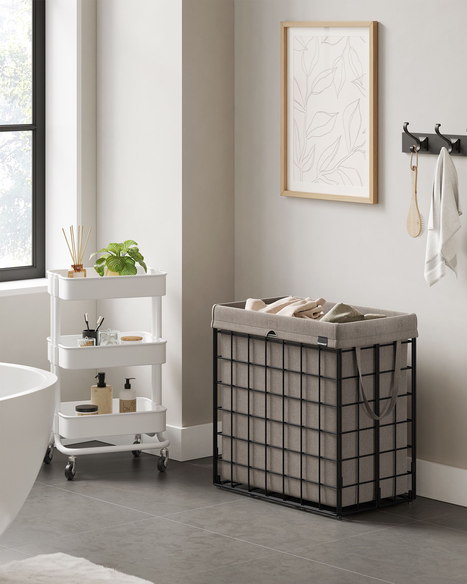 Laundry Basket – Metal Wire Frame – Black and Camel Brown – Collapsible, Removable and Washable Liner, 110L Capacity