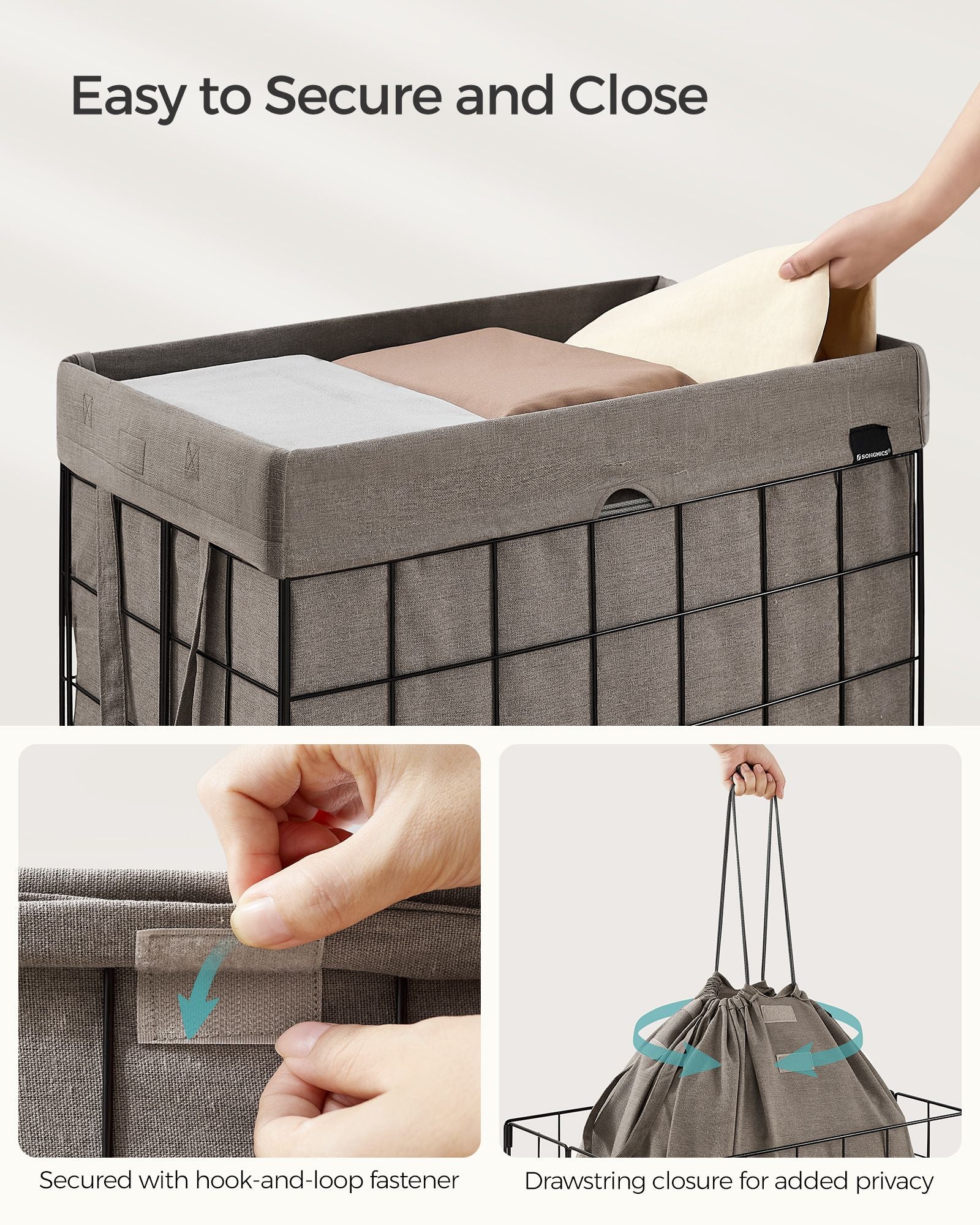 Laundry Basket – Metal Wire Frame – Black and Camel Brown – Collapsible, Removable and Washable Liner, 110L Capacity