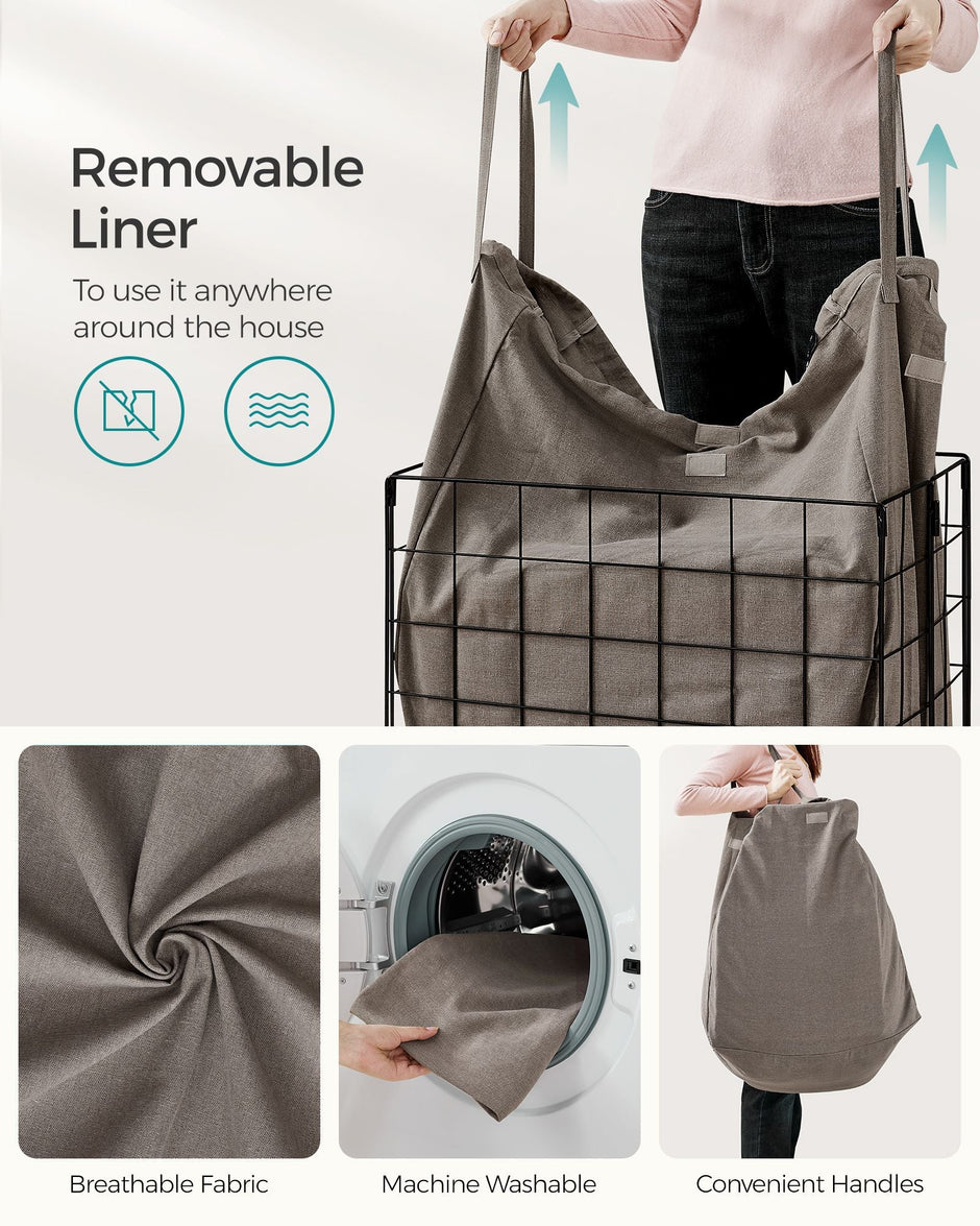 Laundry Basket – Metal Wire Frame – Black and Camel Brown – Collapsible, Removable and Washable Liner, 110L Capacity
