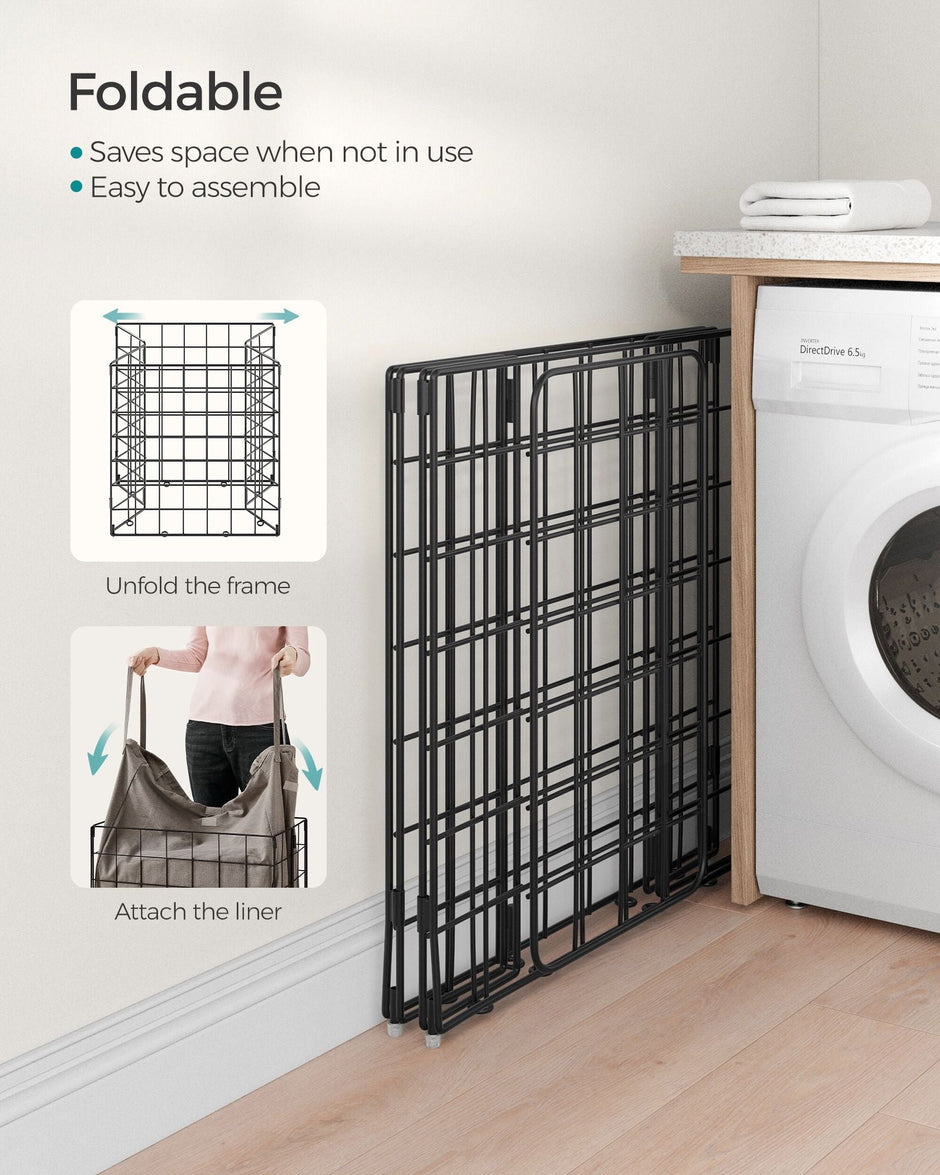 Laundry Basket – Metal Wire Frame – Black and Camel Brown – Collapsible, Removable and Washable Liner, 110L Capacity