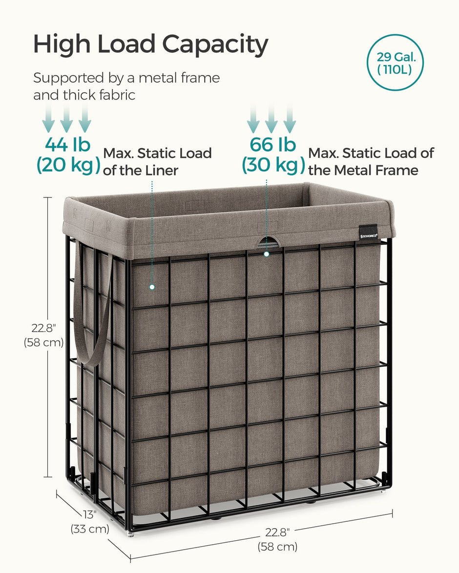Laundry Basket – Metal Wire Frame – Black and Camel Brown – Collapsible, Removable and Washable Liner, 110L Capacity