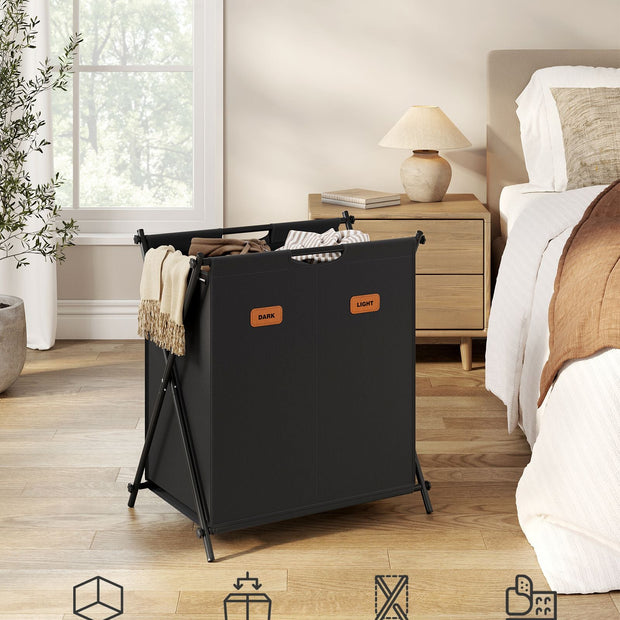 Laundry Hamper – Fabric – Ink Black – 115 L Capacity with 2 Sections and Collapsible X-Frame