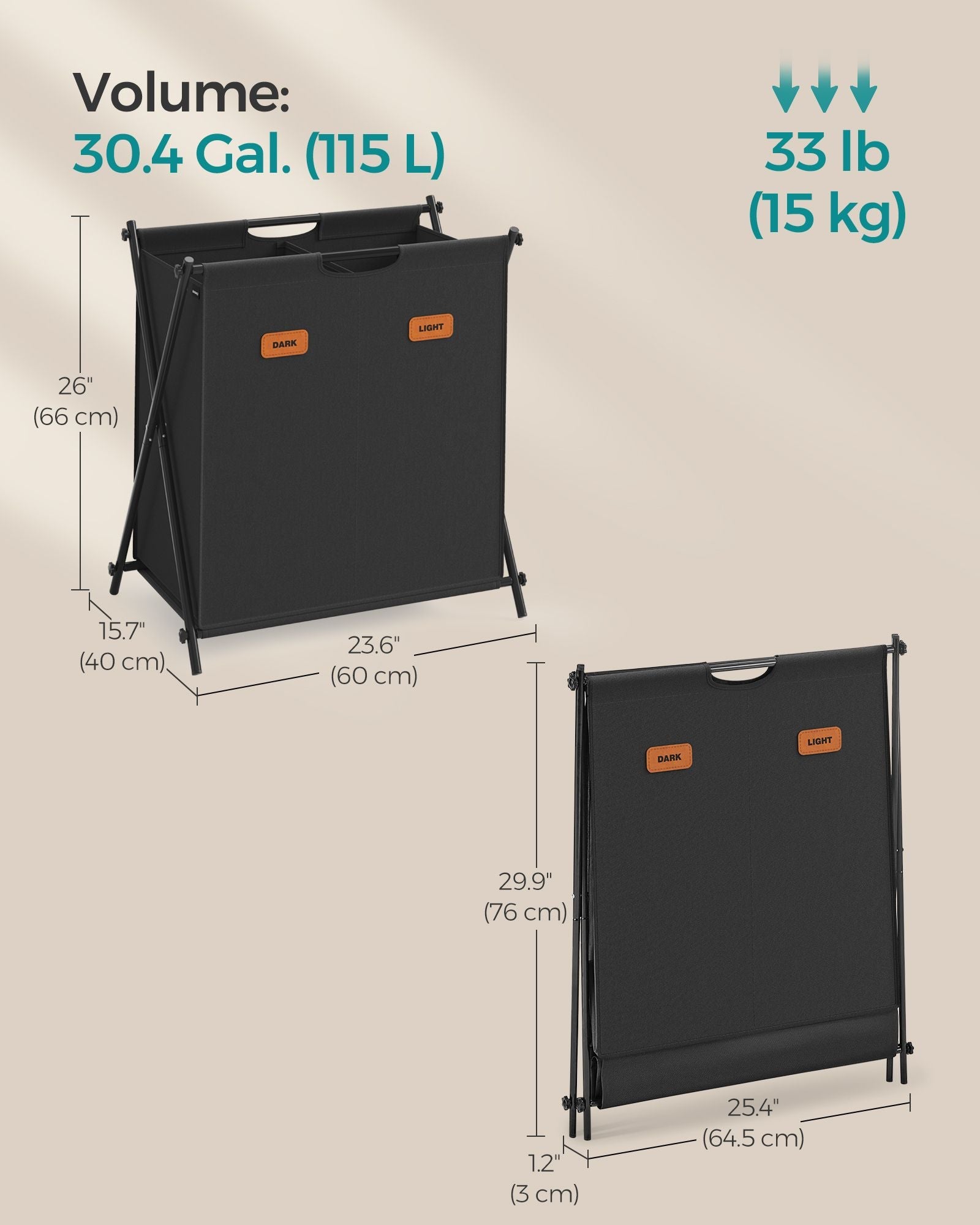 Laundry Hamper – Fabric – Ink Black – 40.9 Gal. Collapsible 4-Section Clothes Organizer with Labels