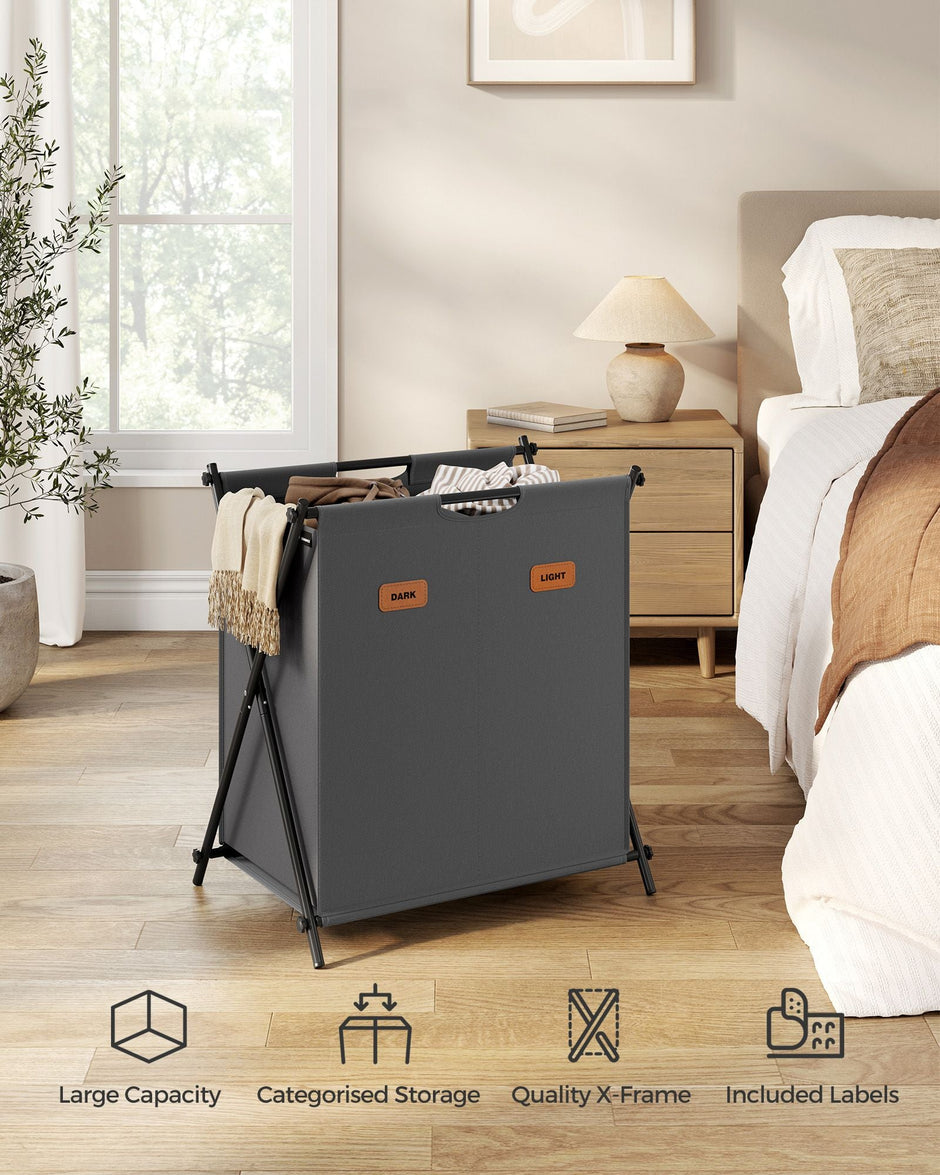 Laundry Hamper – Fabric – Slate Grey – 115 L Capacity, 2 Sections, Collapsible X-Frame