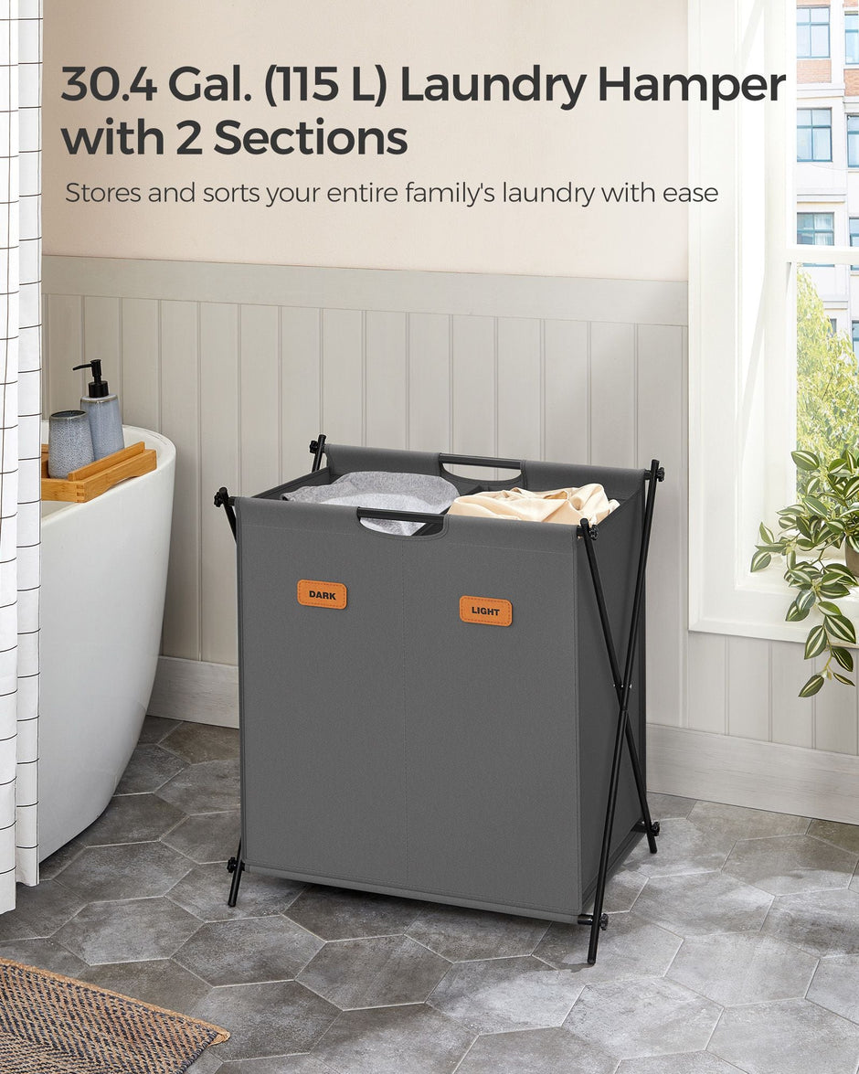 Laundry Hamper – Fabric – Slate Grey – 115 L Capacity, 2 Sections, Collapsible X-Frame