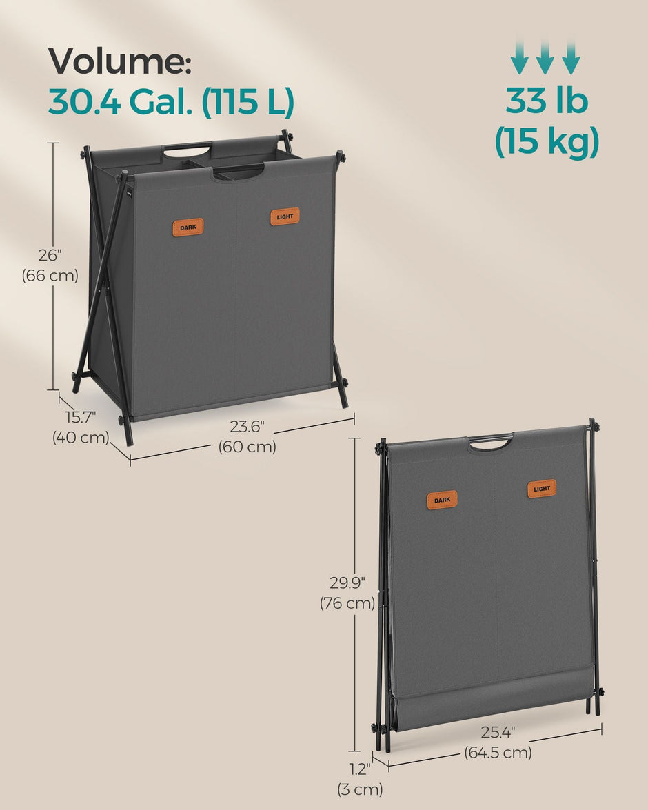 Laundry Hamper – Fabric – Slate Grey – 115 L Capacity, 2 Sections, Collapsible X-Frame
