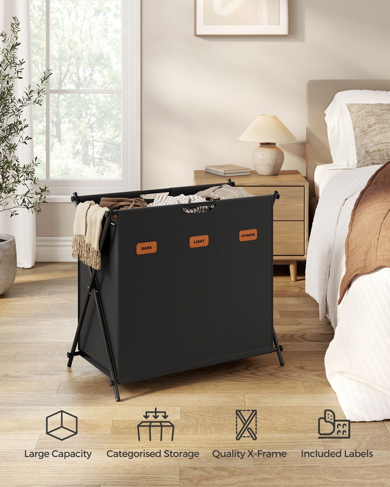 Laundry Hamper – Fabric – Ink Black – 3 Sections with Collapsible X-Frame