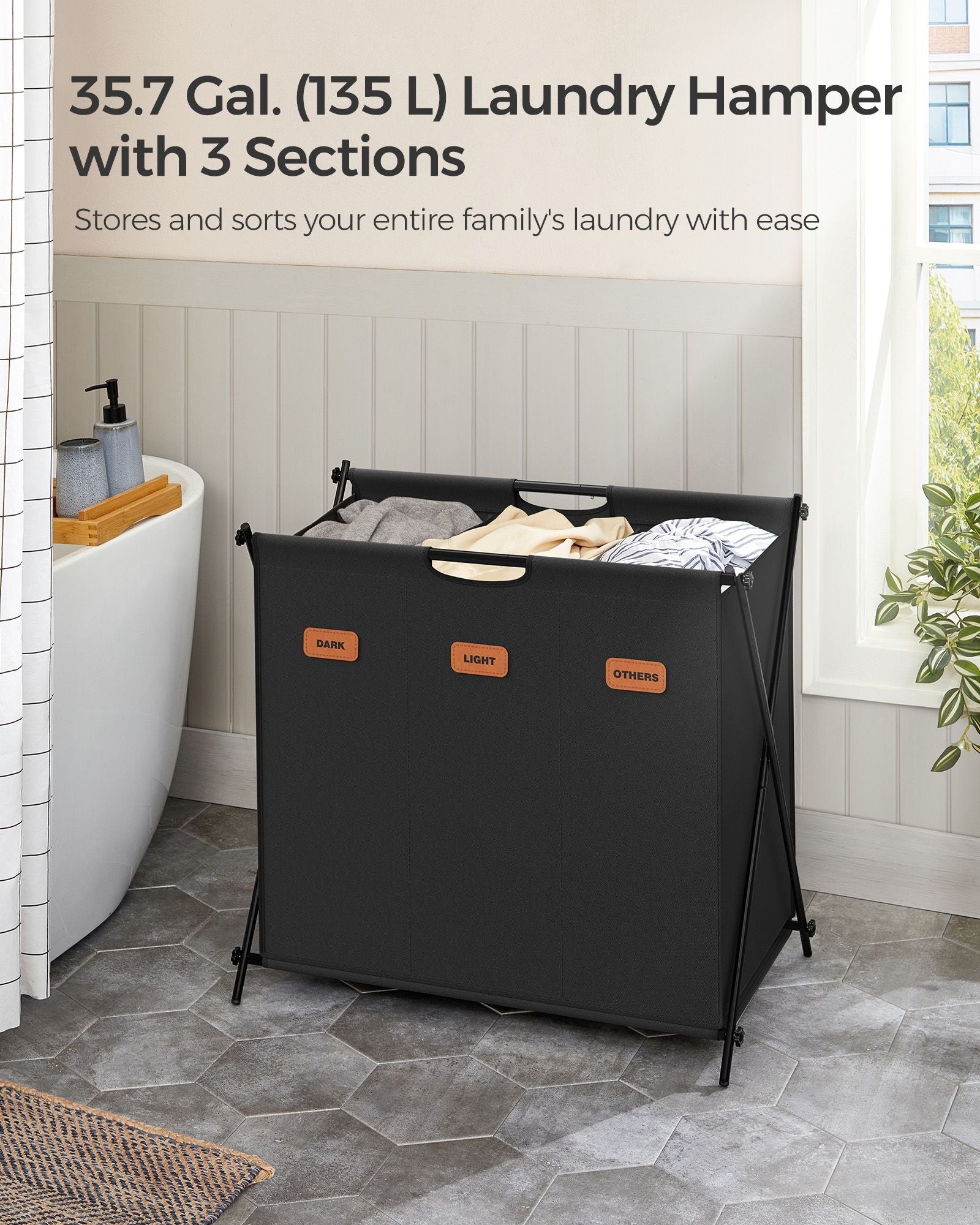 Laundry Hamper – Fabric – Ink Black – 3 Sections with Collapsible X-Frame
