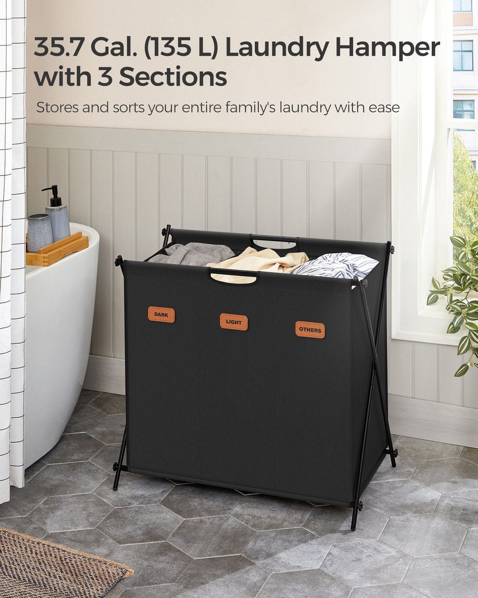 Laundry Hamper – Fabric – Ink Black – 3 Sections with Collapsible X-Frame