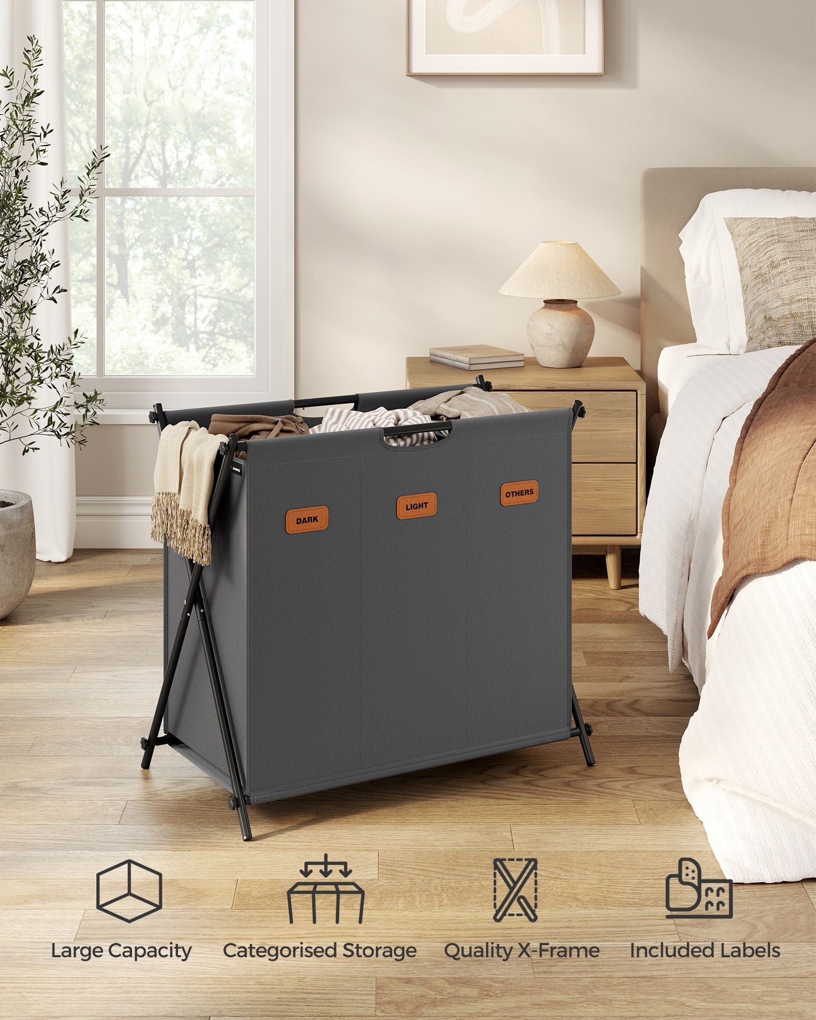 Laundry Hamper – Fabric – Slate Grey – 3-Section X-Frame Design