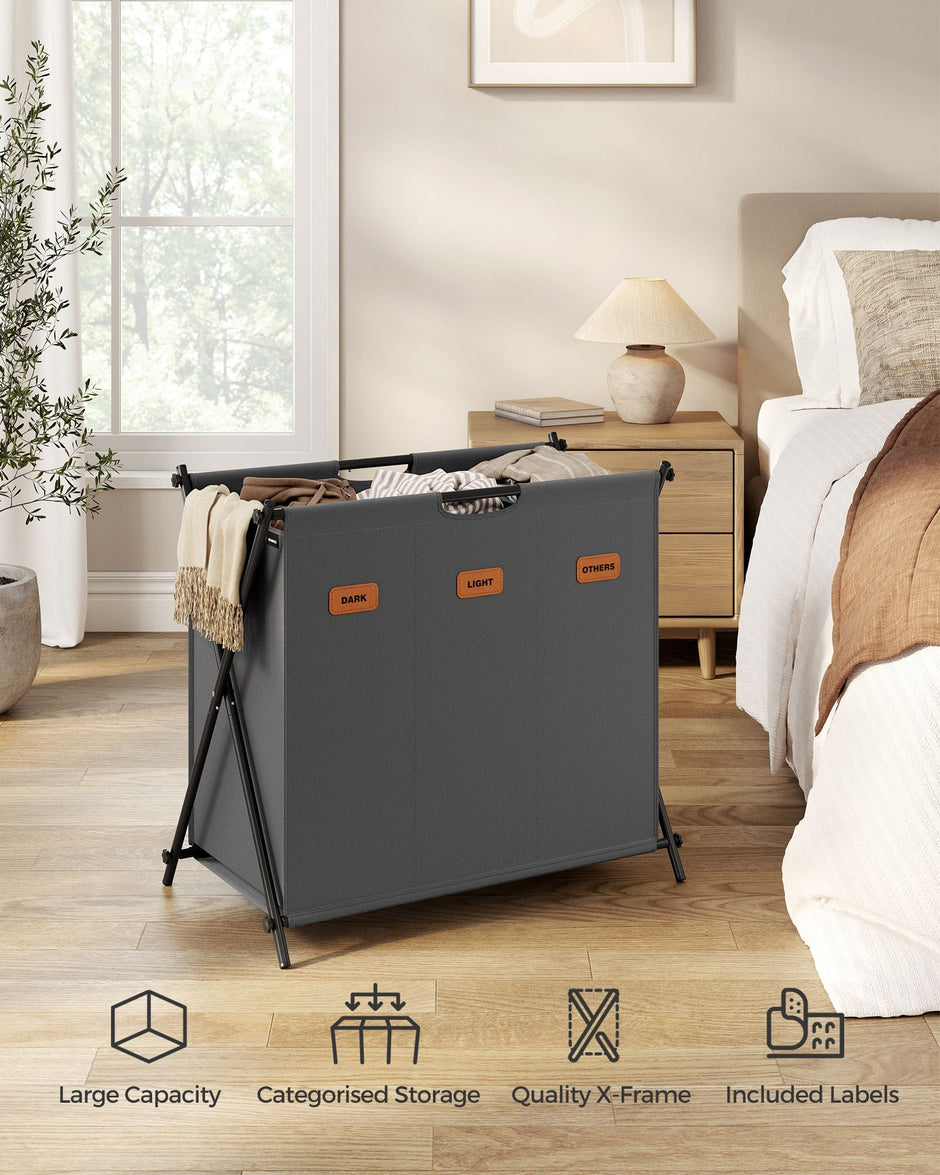 Laundry Hamper – Fabric – Slate Grey – 3-Section X-Frame Design