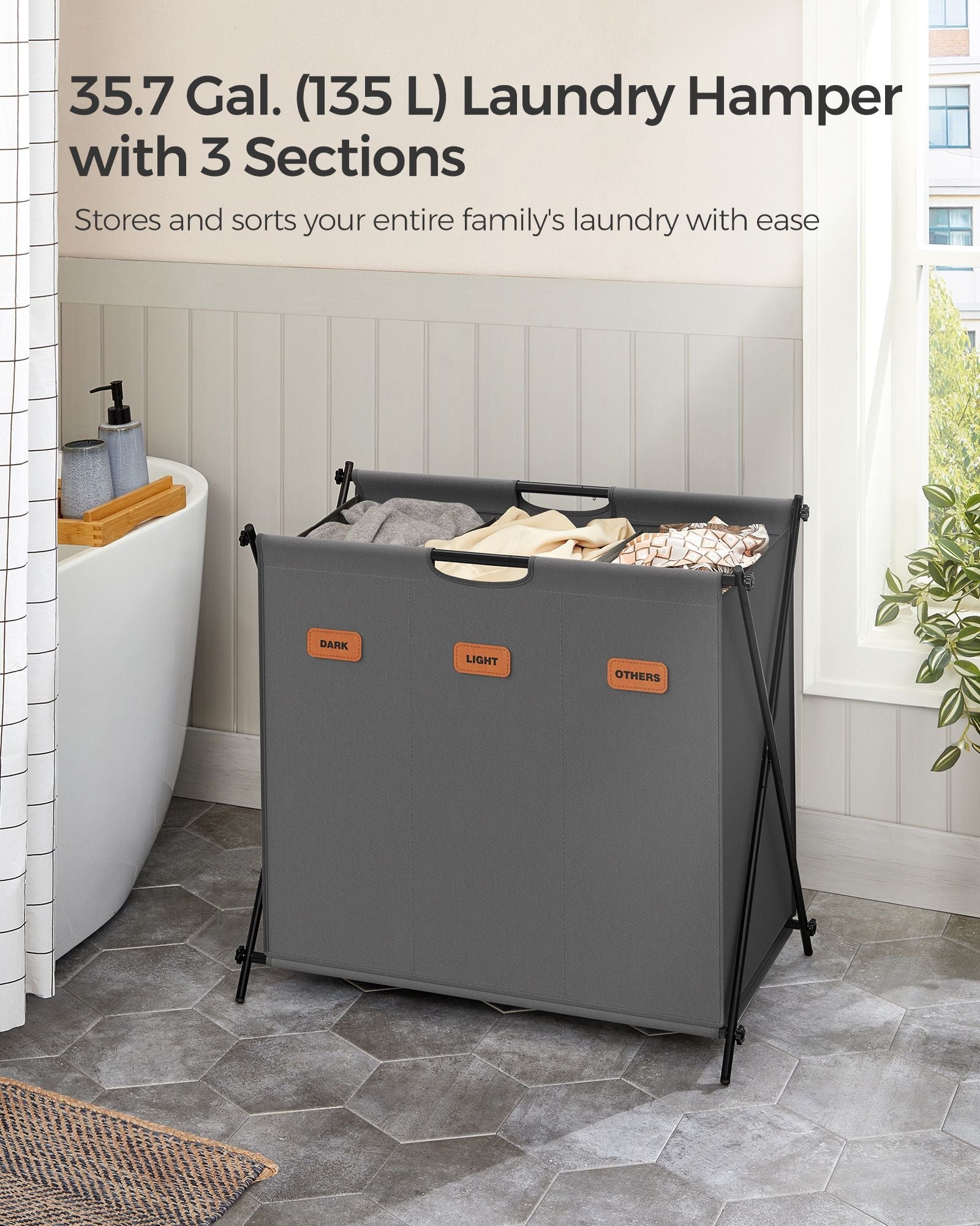 Laundry Hamper – Fabric – Slate Grey – 3-Section X-Frame Design